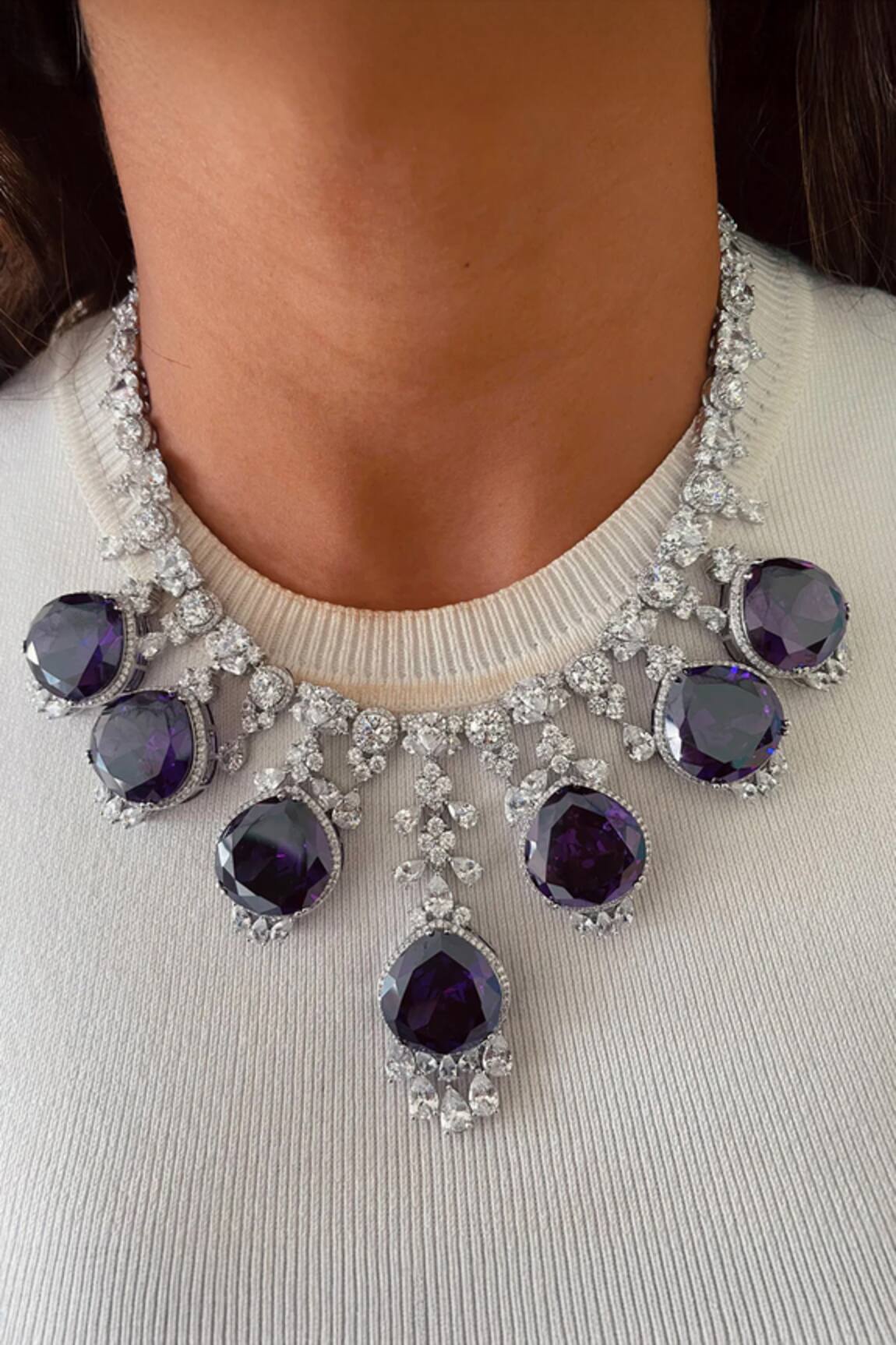 PRERTO Amethyst Drop Imitation Diamond Necklace Set