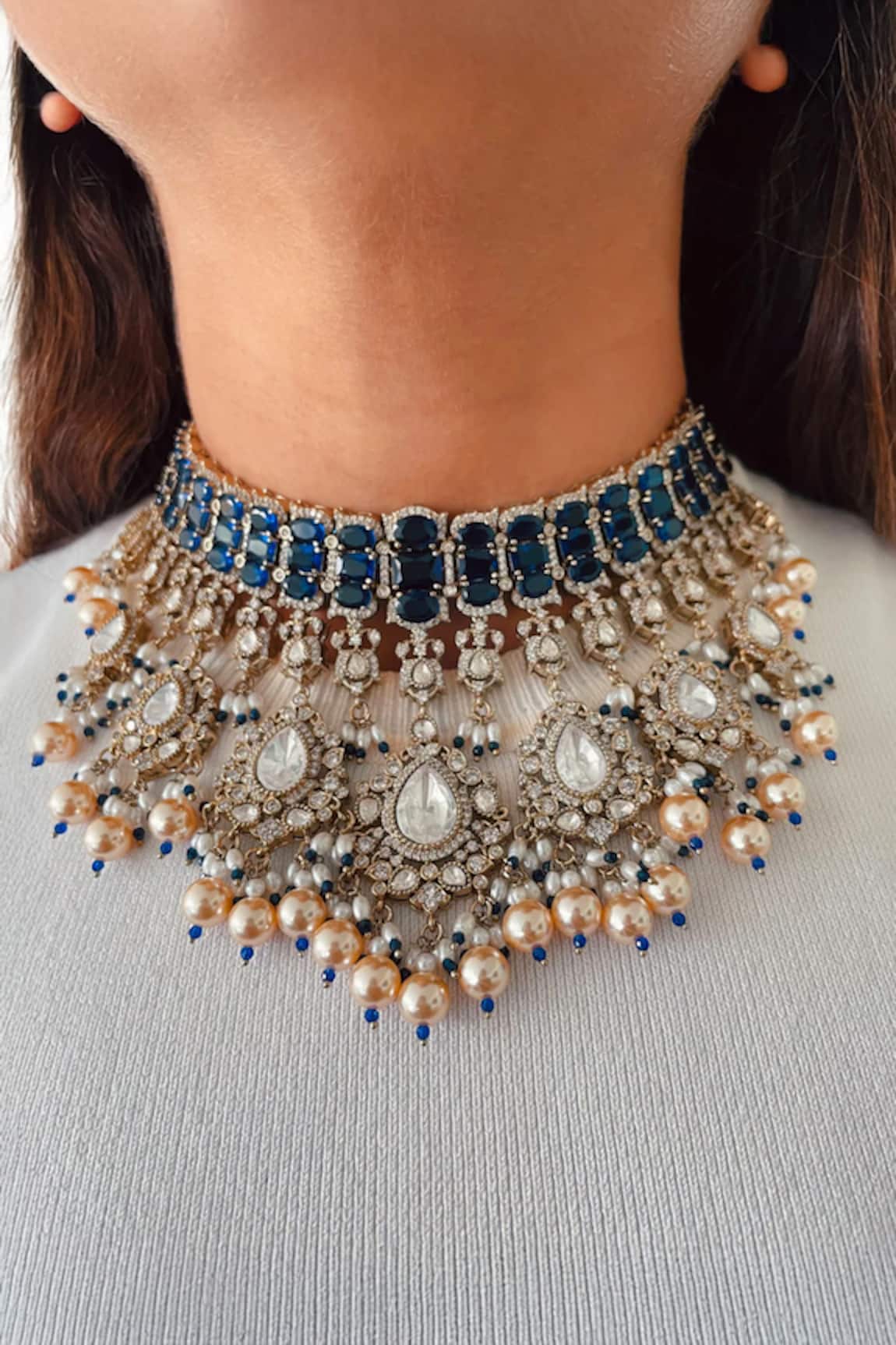 PRERTO Meetu Sapphire Pearls & Polki Necklace Set