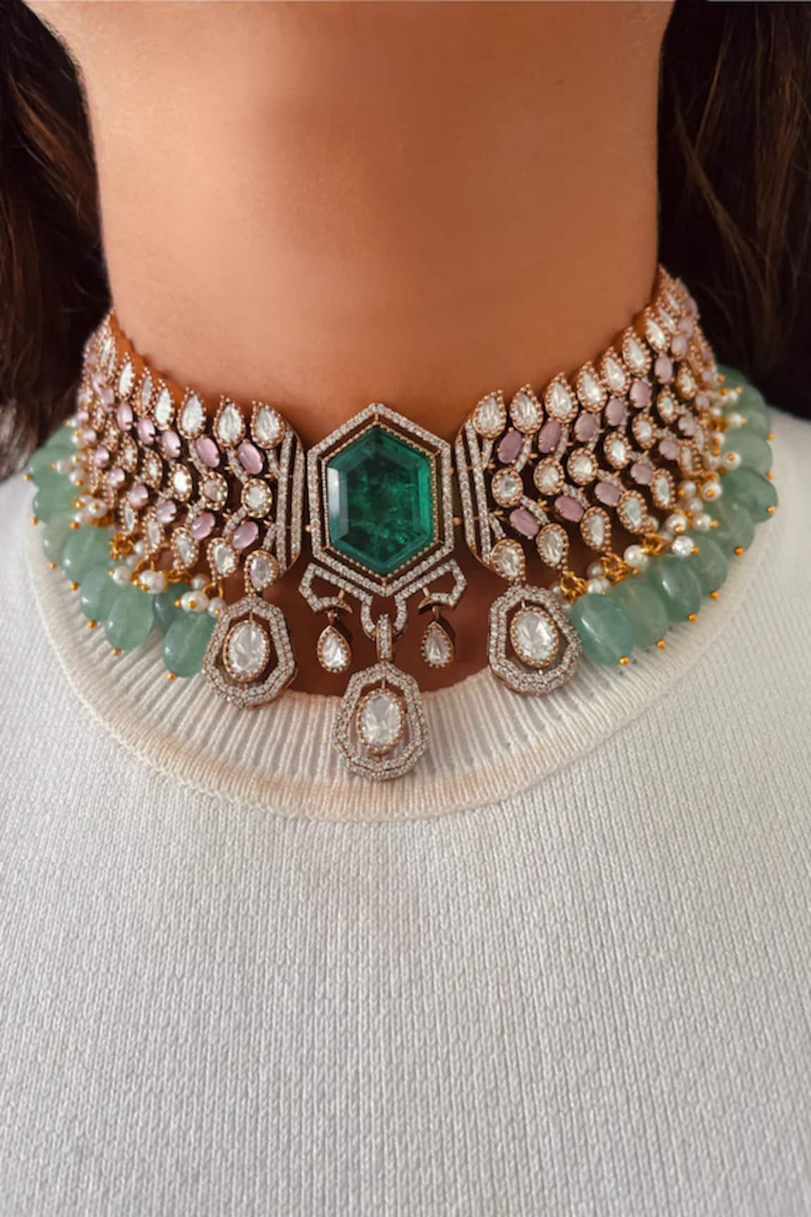 PRERTO Emerald Hexagon Doublet & Polki Necklace Set