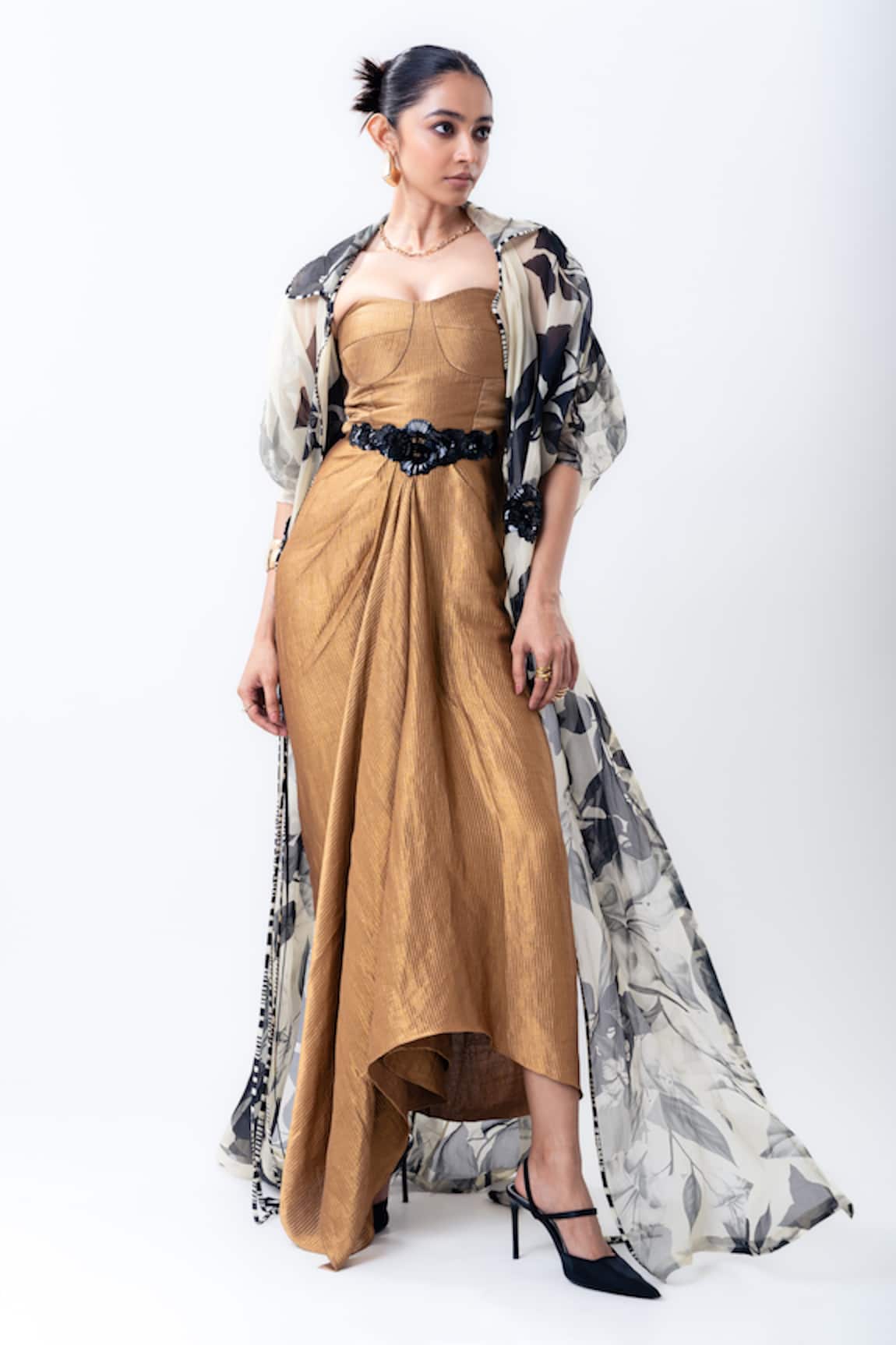 Nupur Kanoi Draped Dress With Printed Jacket