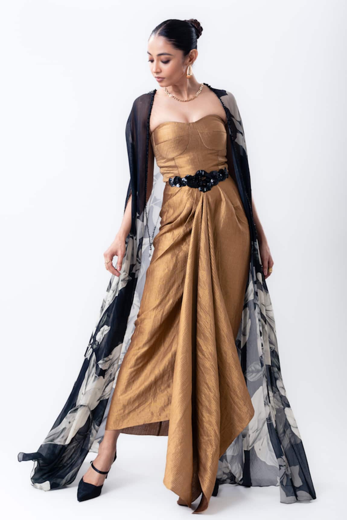 Nupur Kanoi Draped Dress With Printed Slit Cape
