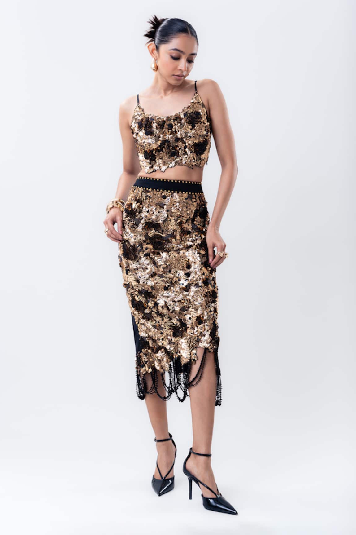 Nupur Kanoi Sequin Strappy Bustier & Embroidered Pencil Skirt Set