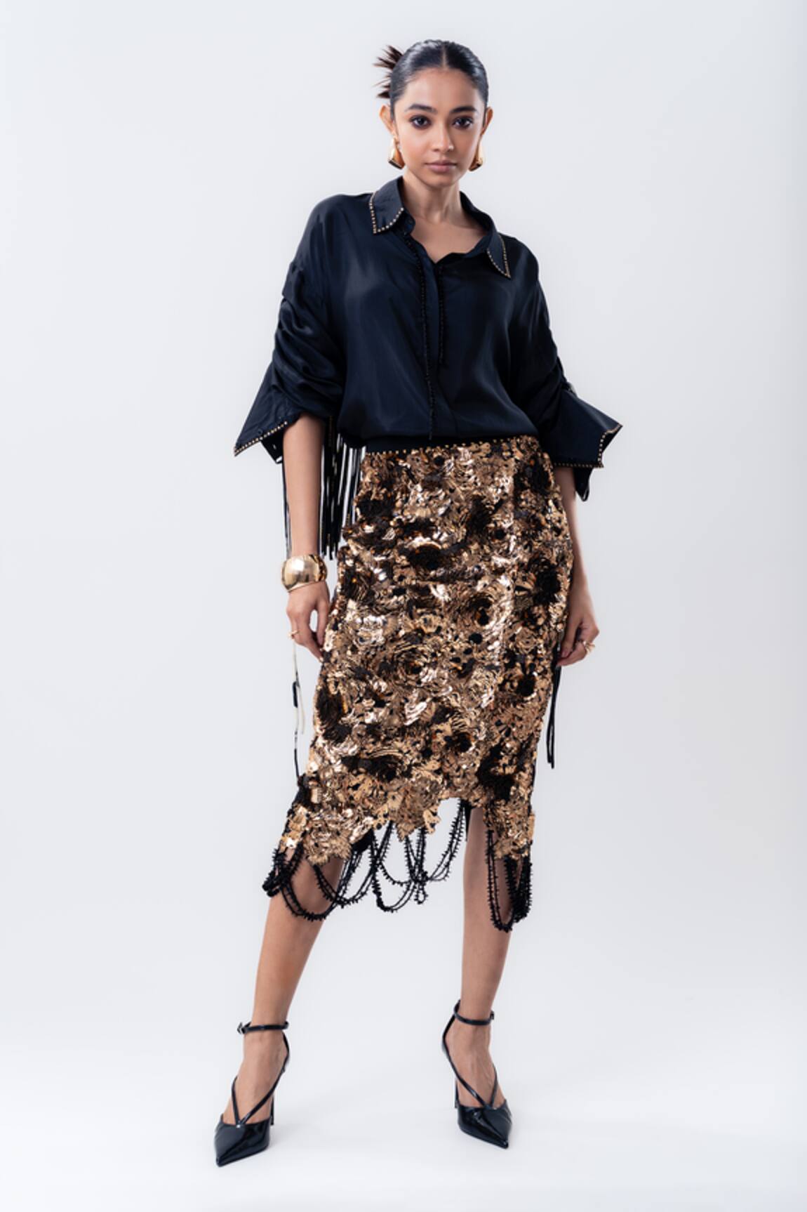 Nupur Kanoi Silk Shirt & Sequin Pencil Skirt Set