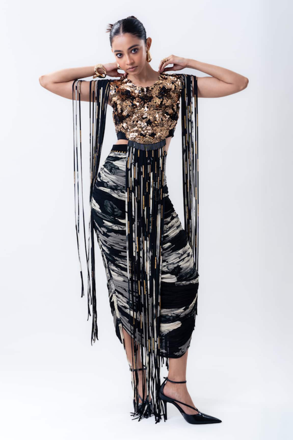 Nupur Kanoi Fringed Sequin Crop Top & Printed Crush Skirt Set