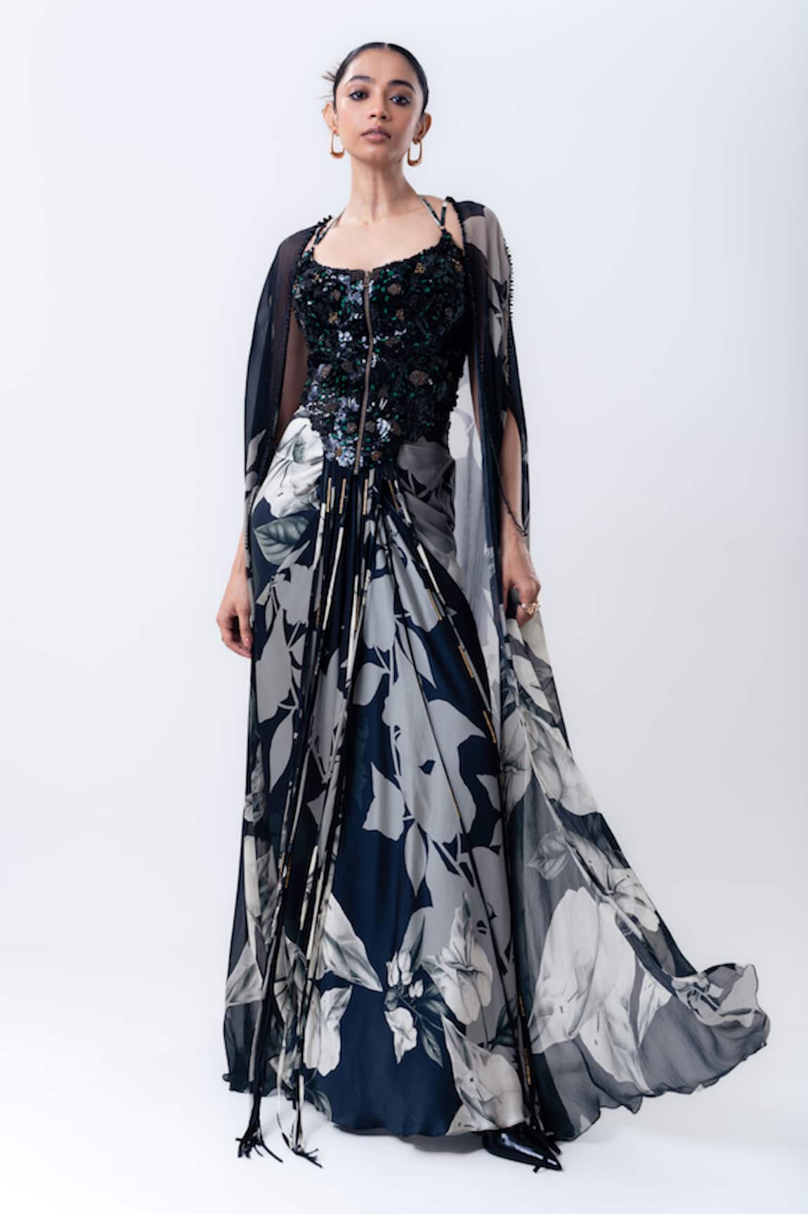 Nupur Kanoi Printed Slit Cape With & Draped Skirt Set