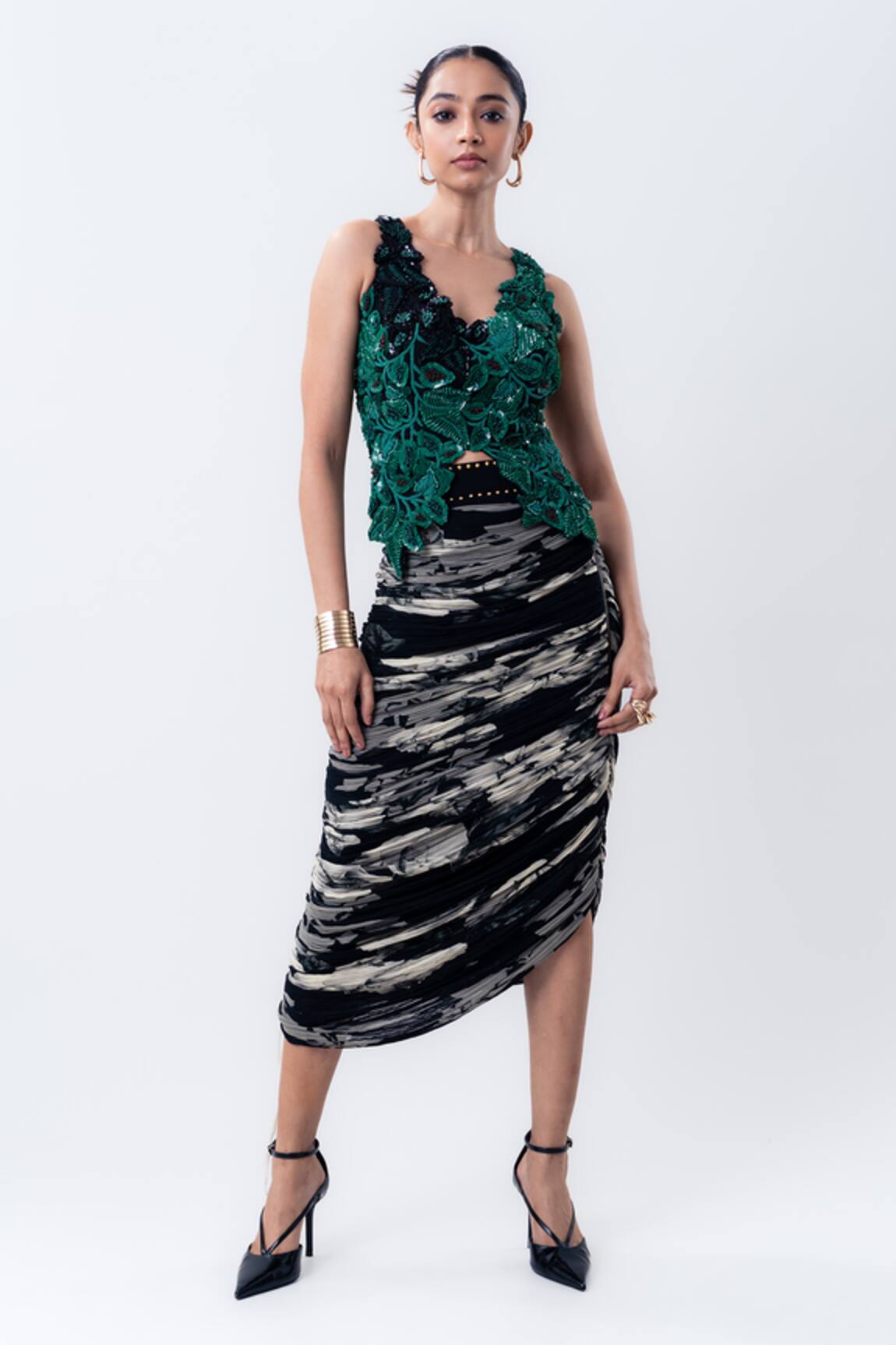 Nupur Kanoi Bougain Embroidered Top & Printed Gather Skirt Set