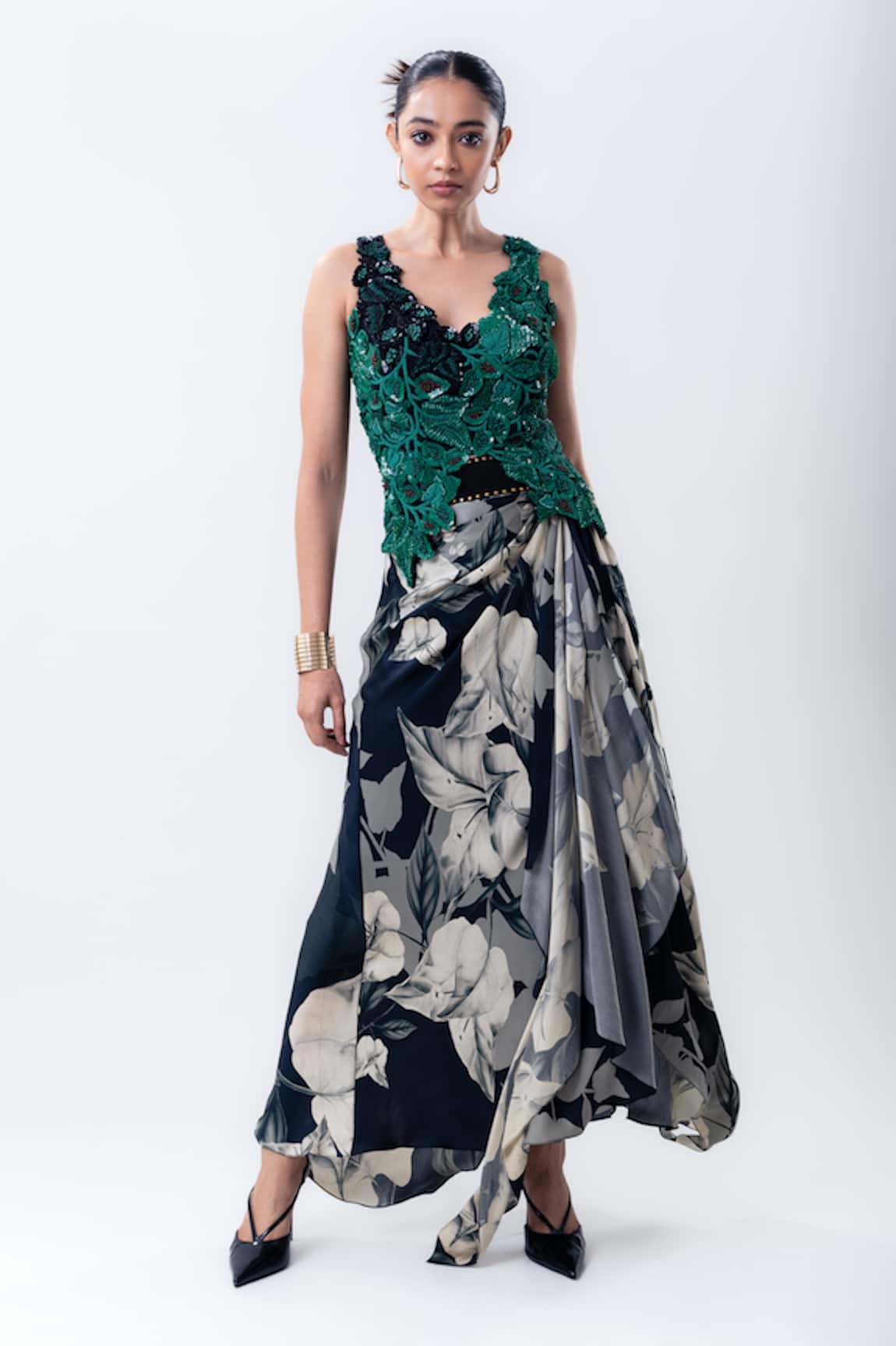 Nupur Kanoi Bougain Embroidered Top & Printed A-line Pick Up Skirt