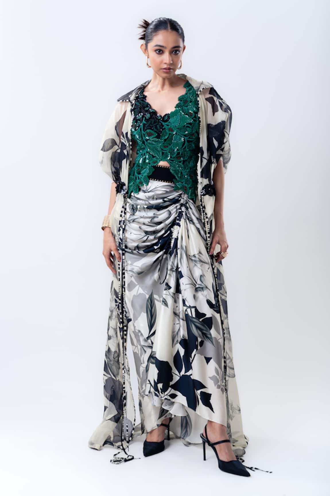 Nupur Kanoi Printed Organza Jacket With Drawstring Skirt