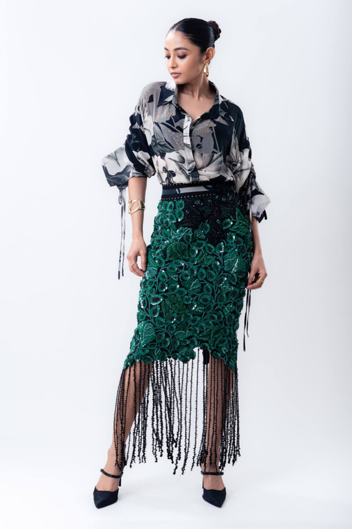Nupur Kanoi Printed Studded Shirt With Bougain Embroidered Pencil Skirt