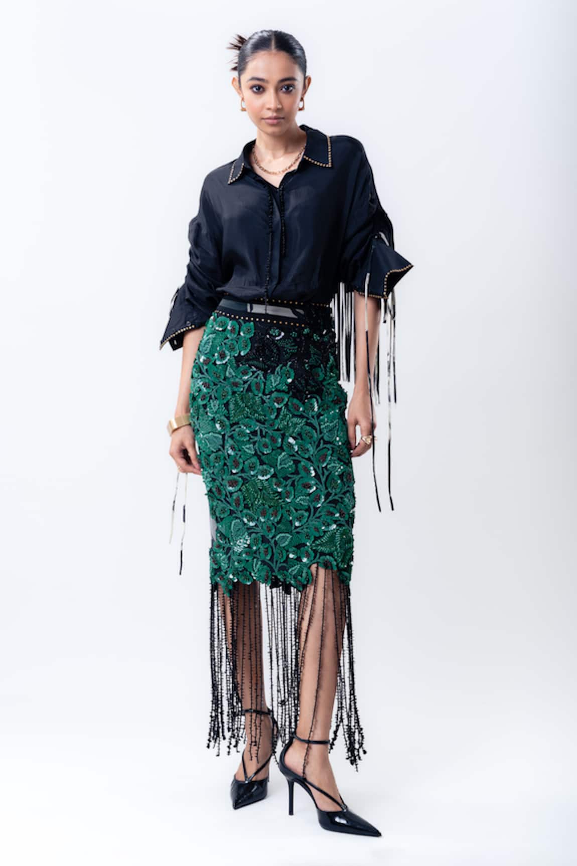 Nupur Kanoi Fringed Back Shirt With Bougain Embroidered Pencil Skirt
