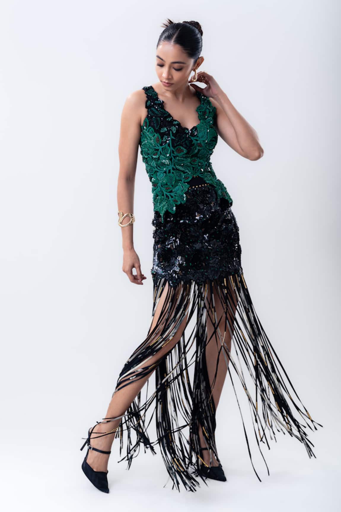 Nupur Kanoi Bougain Embroidered Top & Sequin Fringed Mini Skirt