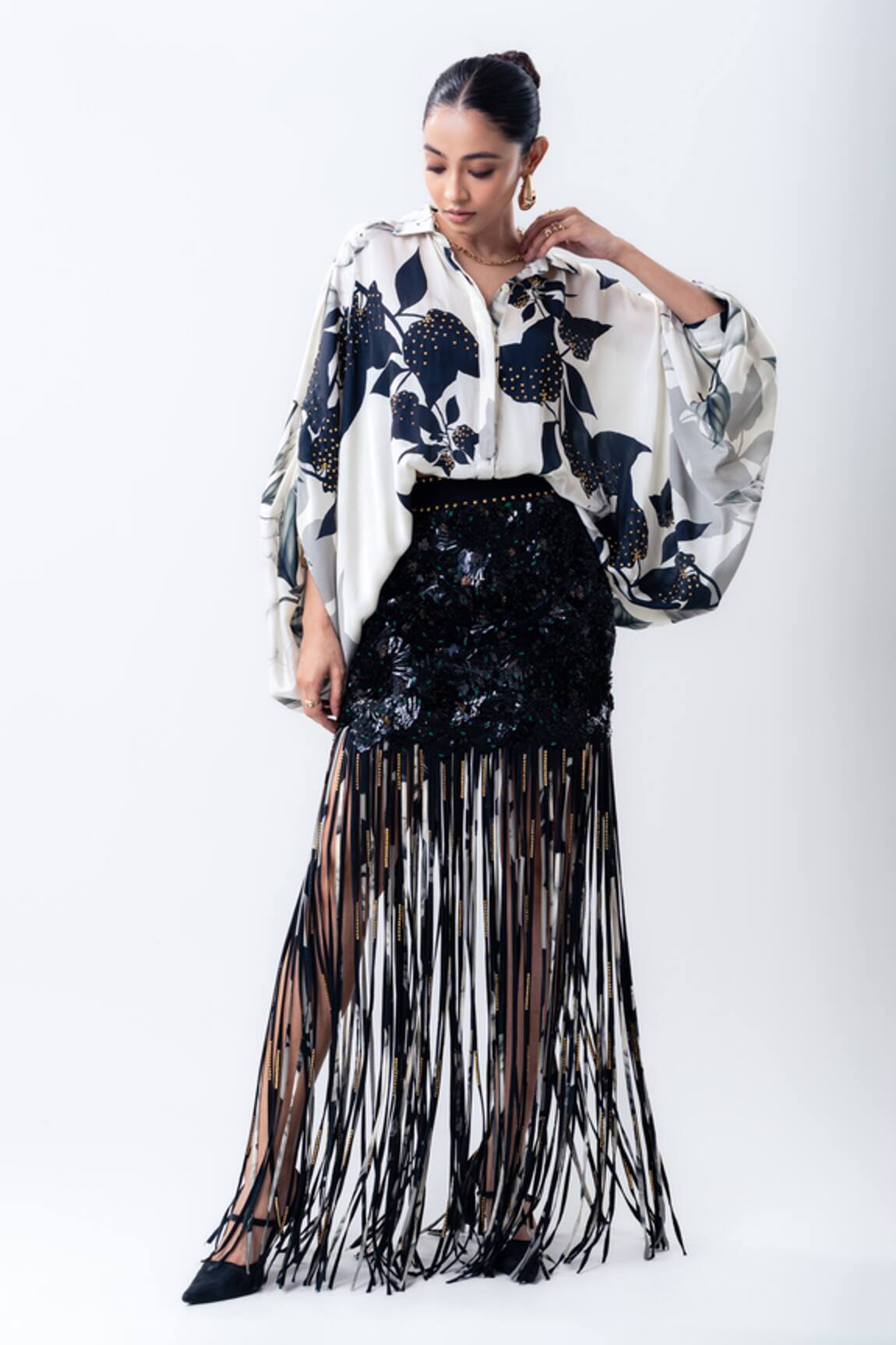 Nupur Kanoi Printed Studded Balloon Top With Fringed Mini Skirt