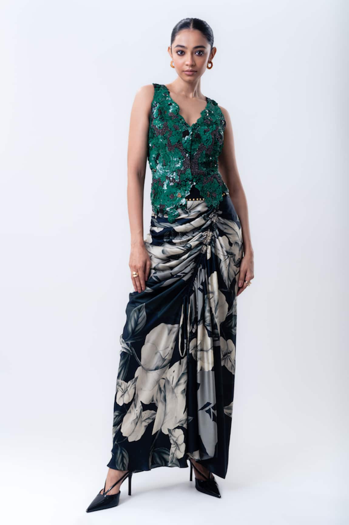 Nupur Kanoi Sequin Embroidered Waistcoat With Printed Drawstring Skirt