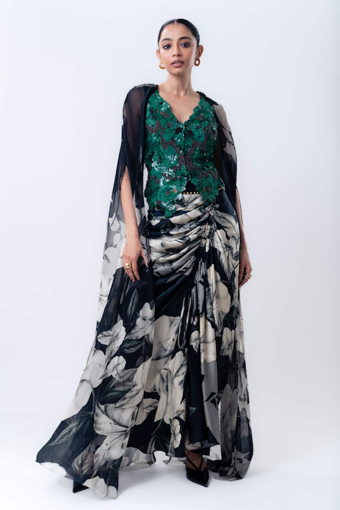 Nupur Kanoi Printed Slit Cape With Drawstring Skirt Set