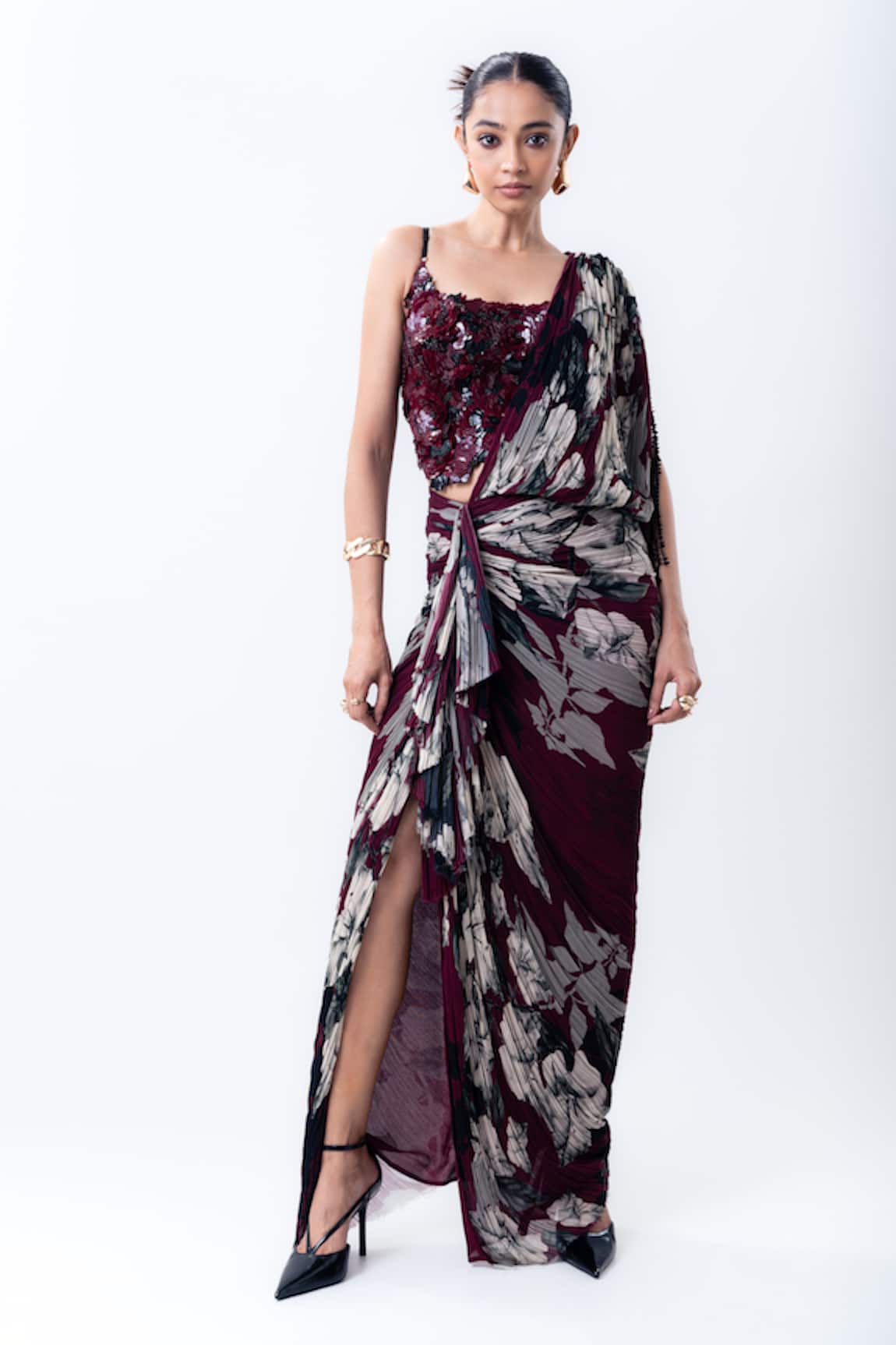 Nupur Kanoi Printed Pre-Draped Saree With Sequin Bustier