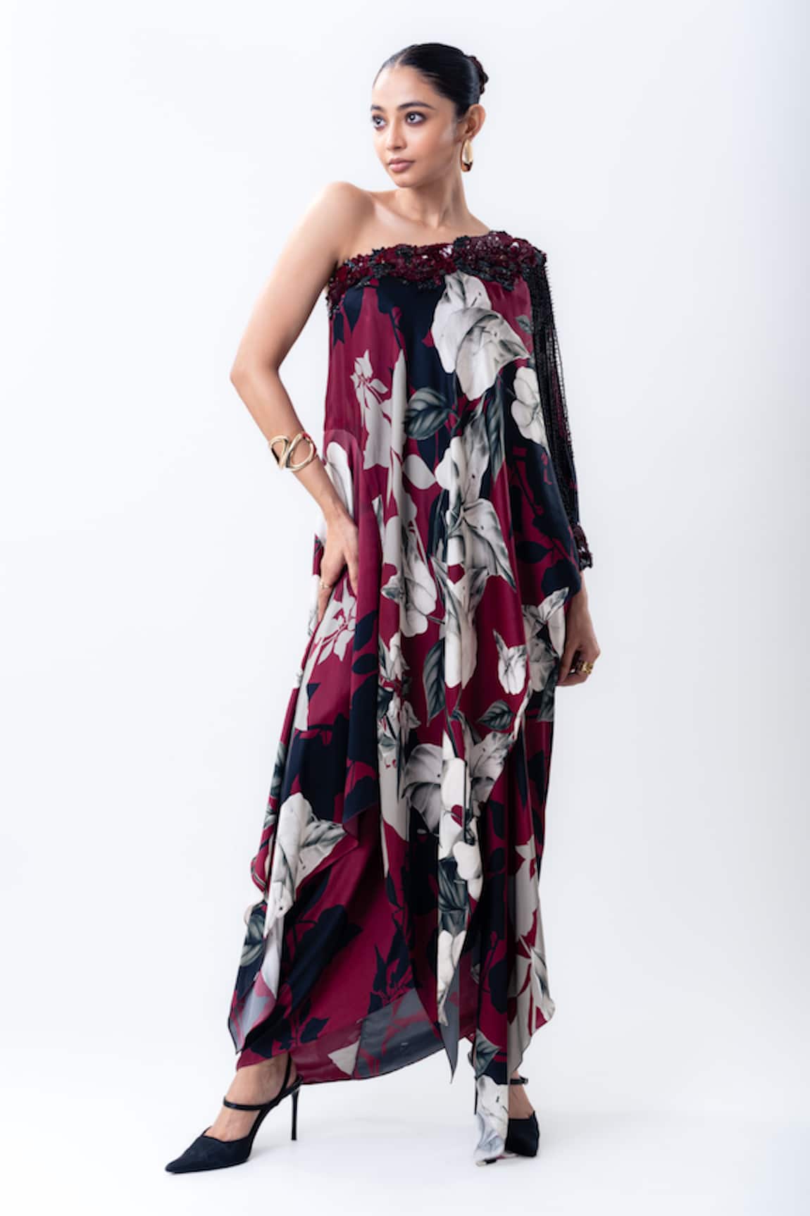 Nupur Kanoi Printed One Shoulder Cape With Side Knot Skirt