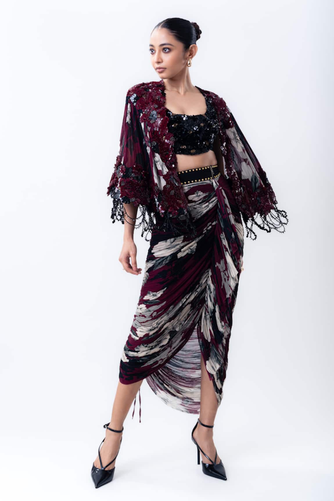 Nupur Kanoi Printed Short Cape With Gathered Skirt Set
