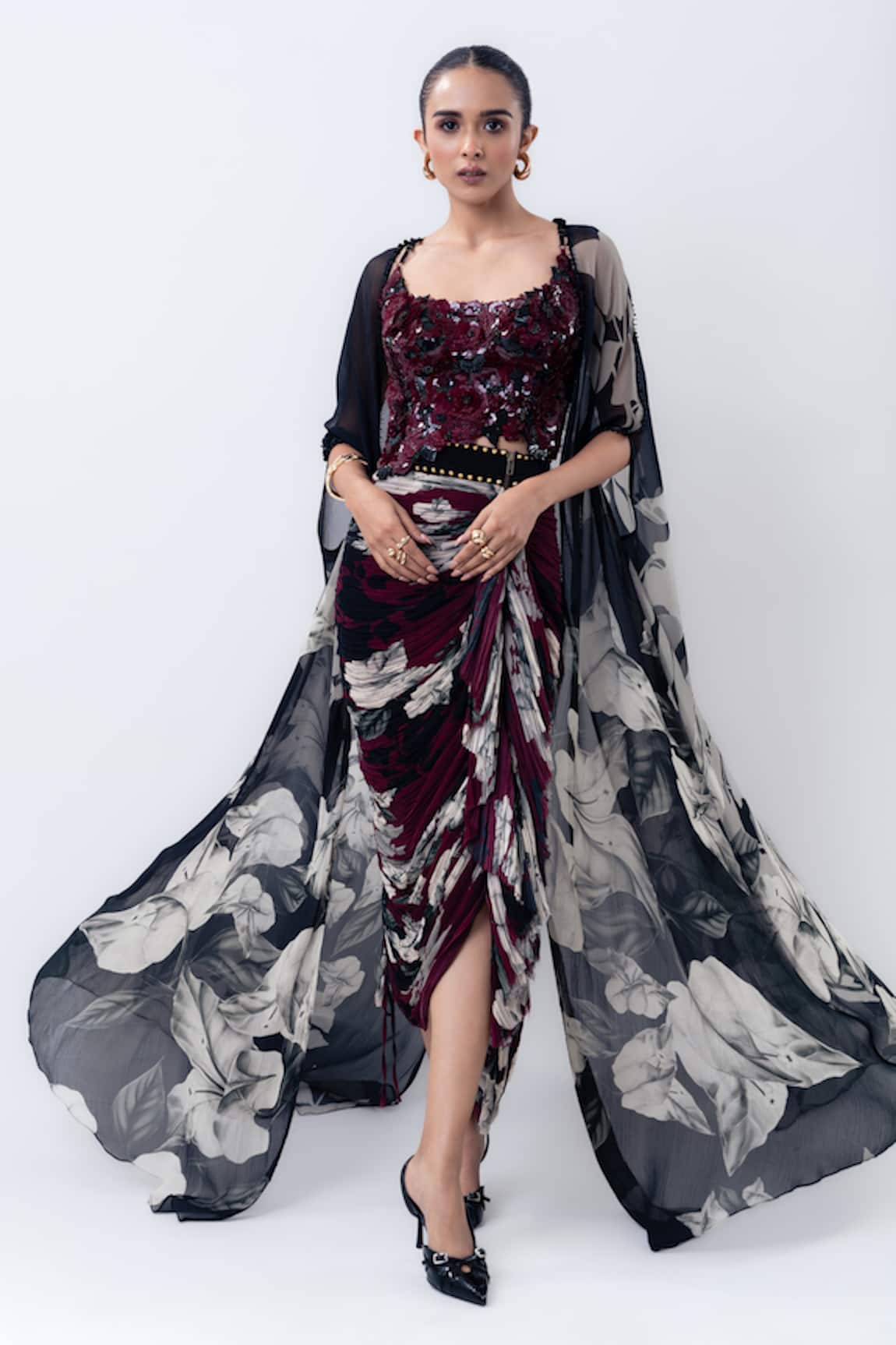 Nupur Kanoi Printed Slit Cape With Gathered Frill Skirt Set