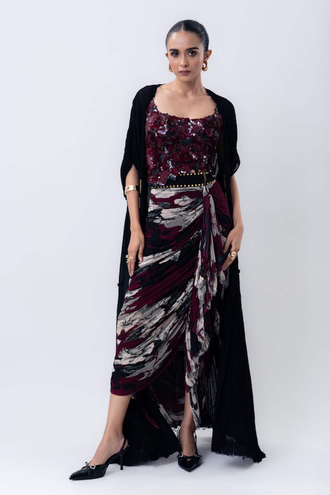 Nupur Kanoi Gathered Jacket With Printed Draped Skirt Set