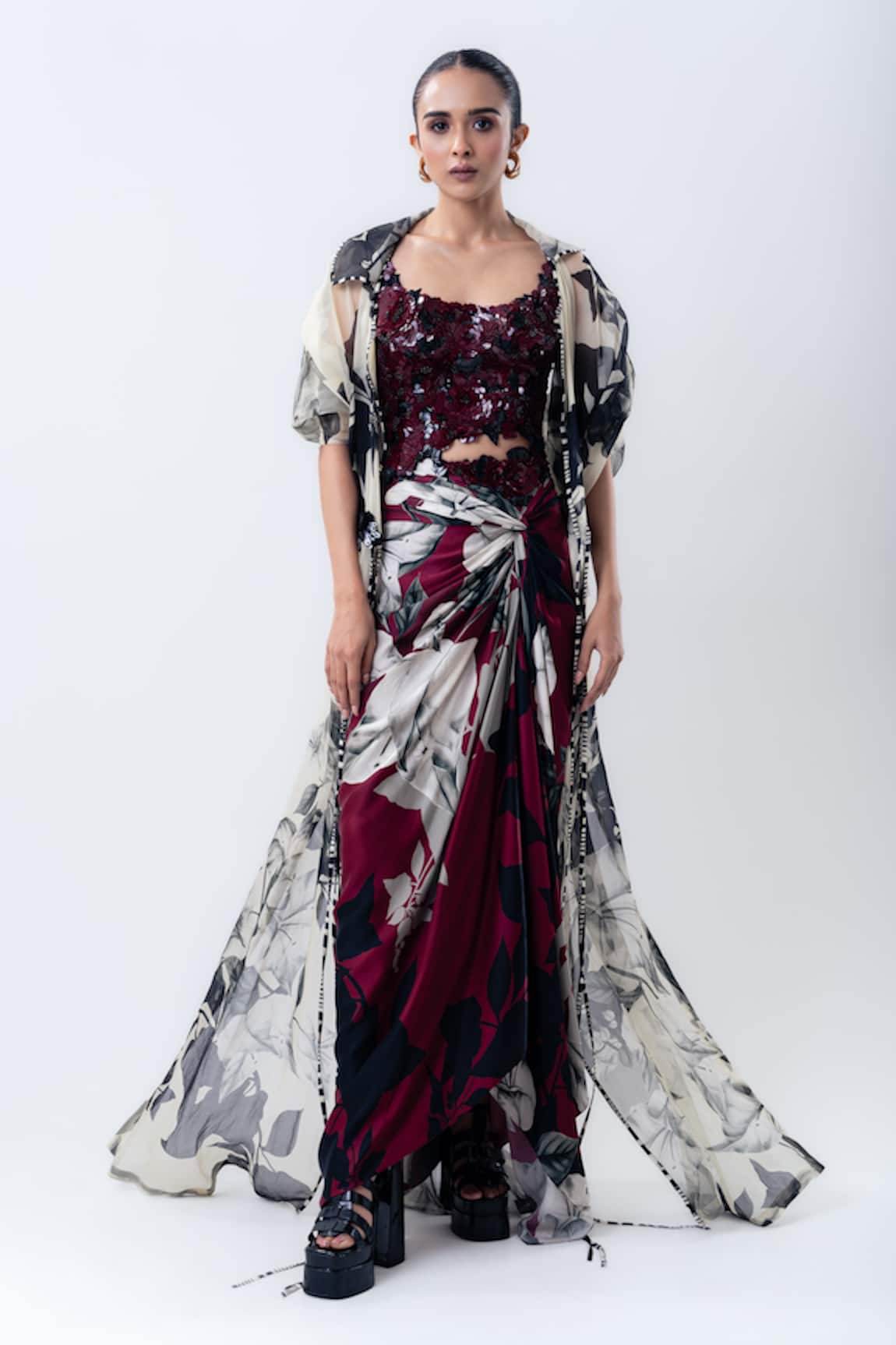 Nupur Kanoi Printed Organza Jacket With Side Knot Skirt Set