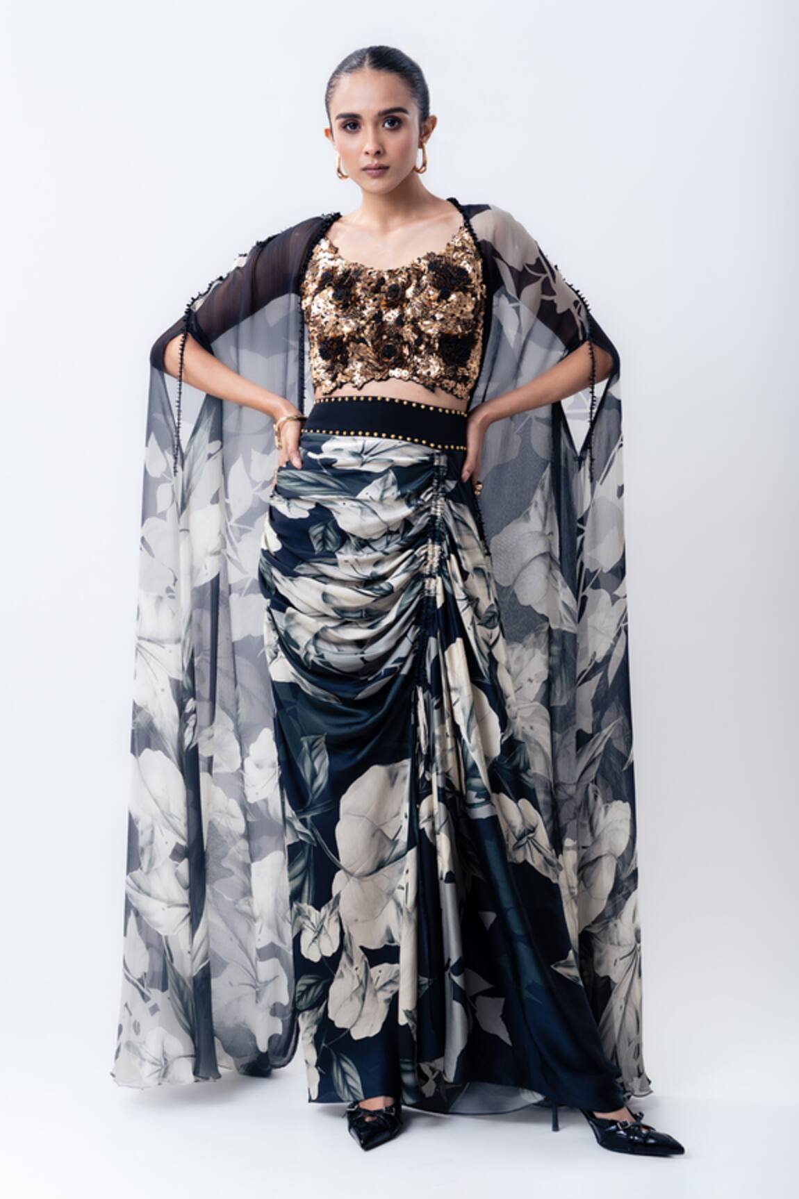 Nupur Kanoi Printed Slit Cape With Crushed Skirt Set