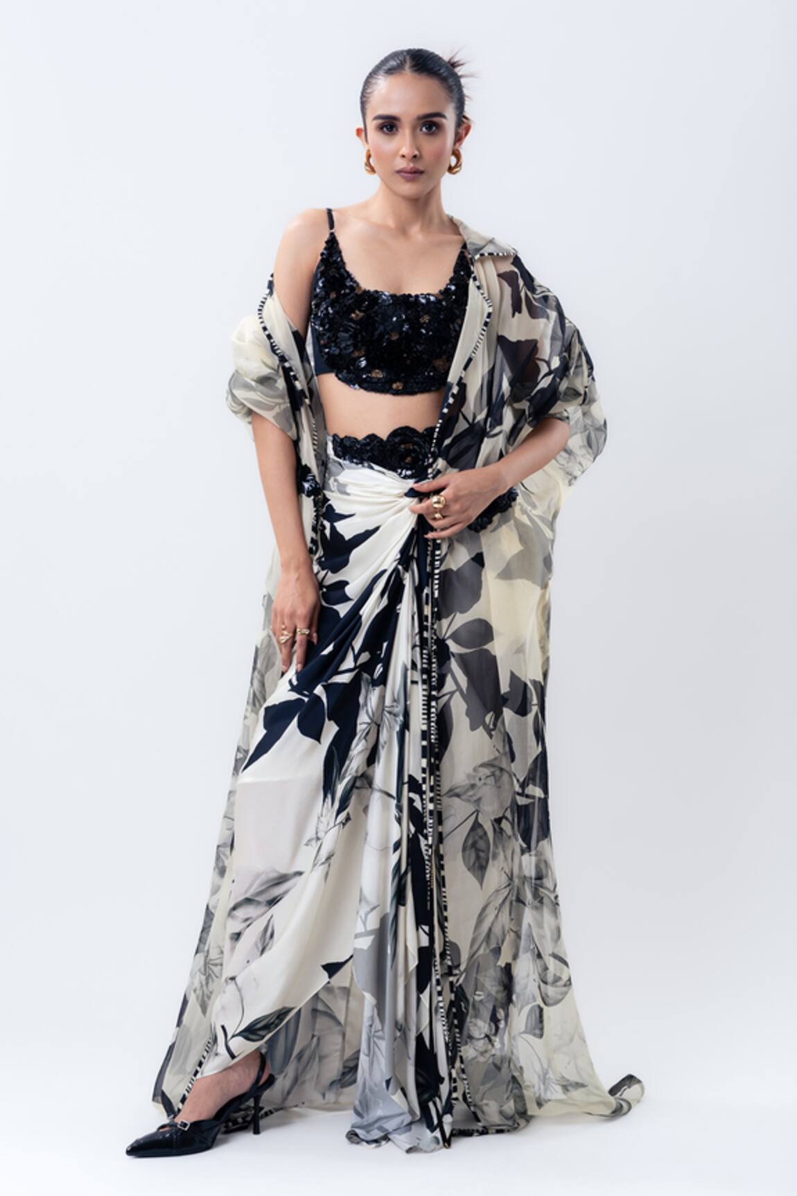 Nupur Kanoi Printed Organza Jacket With Front Knot Skirt