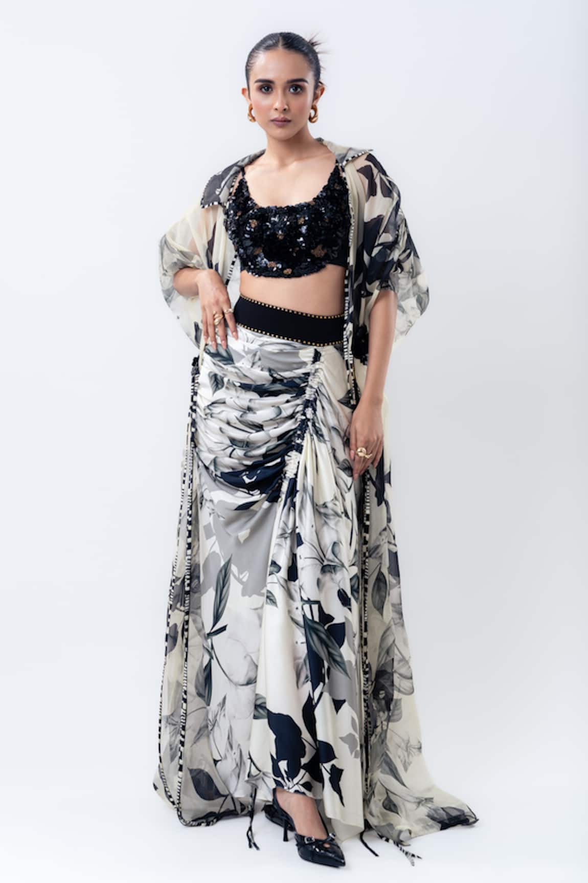 Nupur Kanoi Printed Organza Jacket With Drawstring Skirt