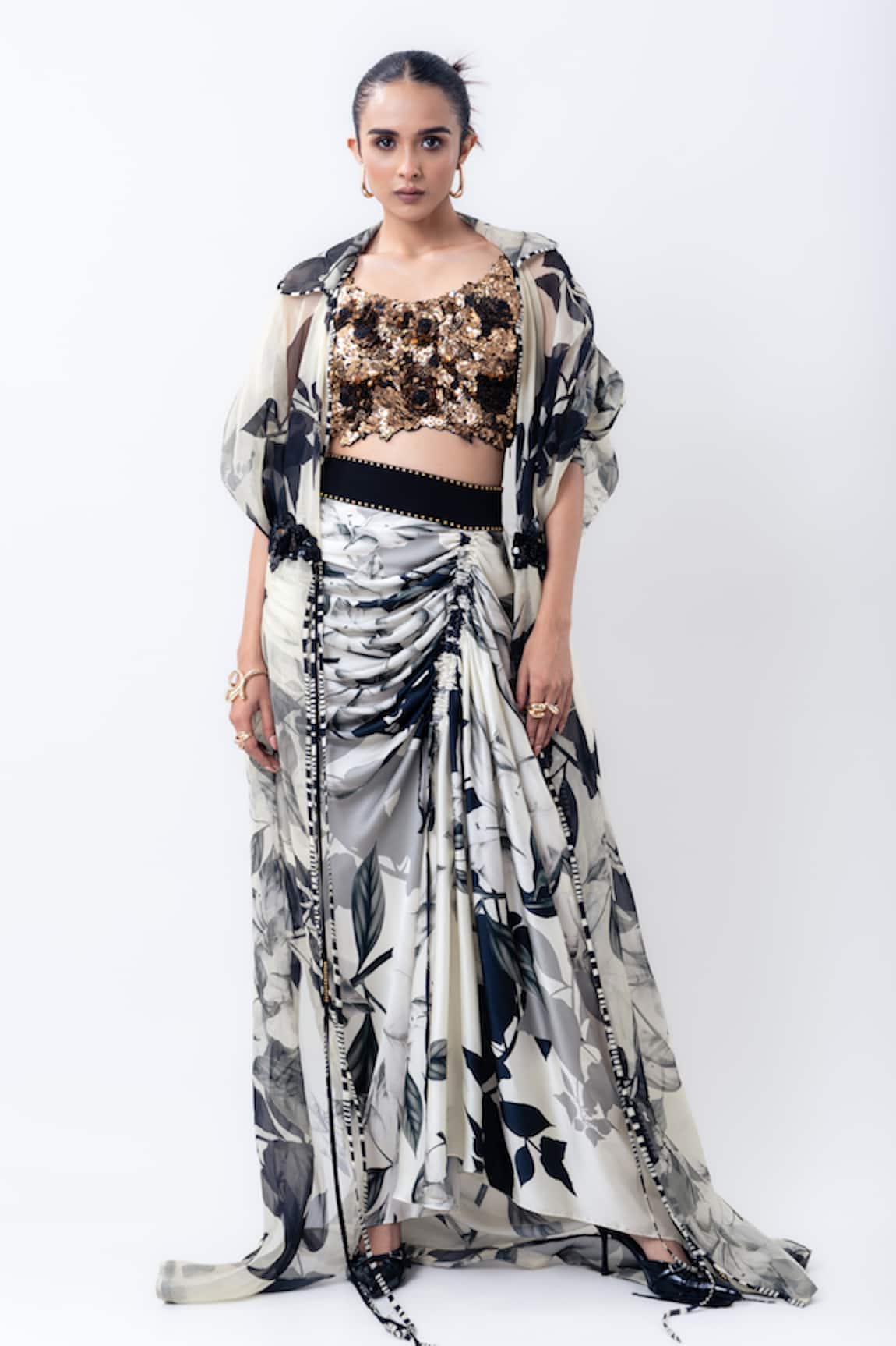 Nupur Kanoi Printed Organza Jacket With Drawstring Skirt