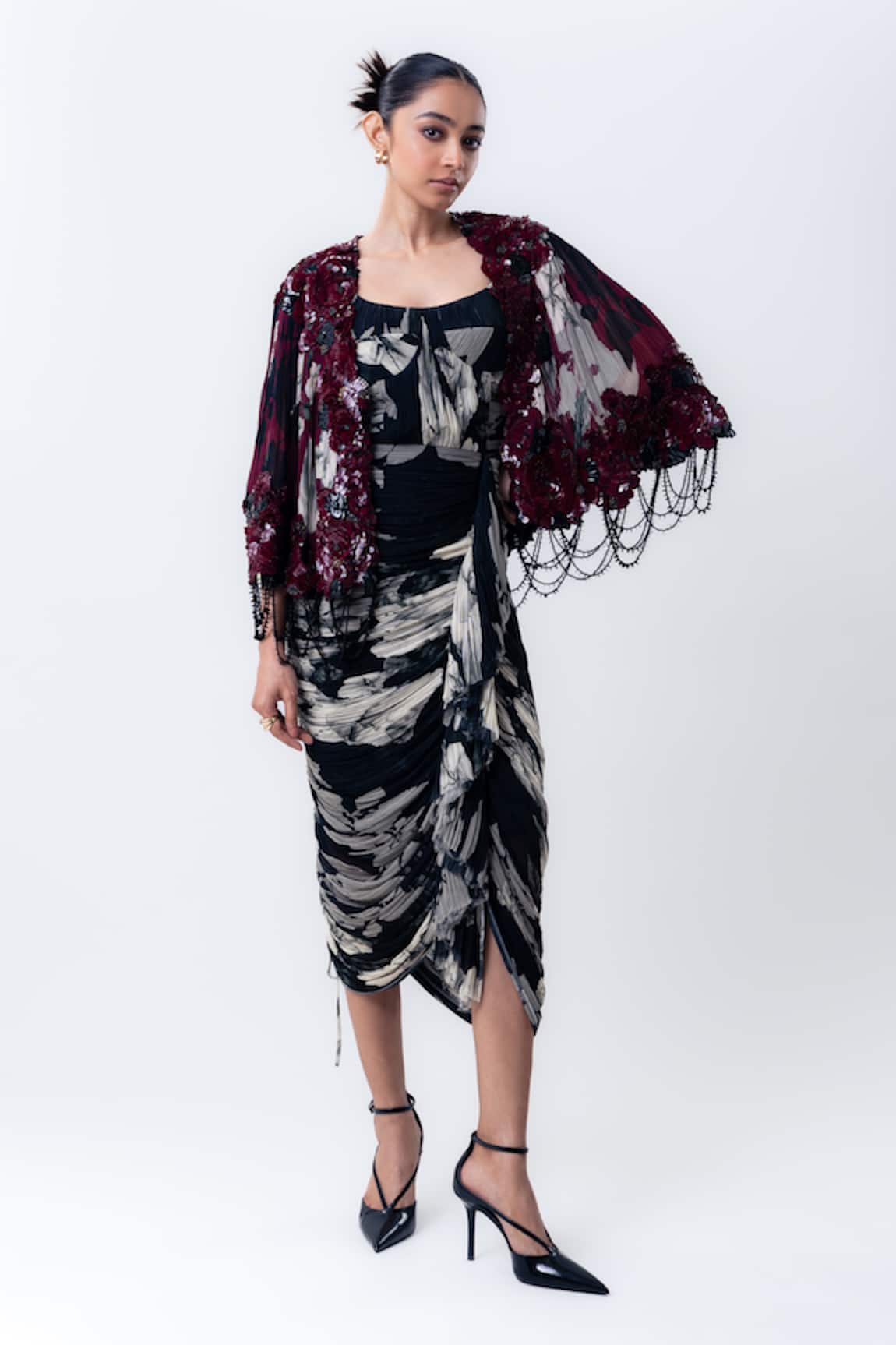 Nupur Kanoi Printed Sequin Short Cape With Gathered Dress