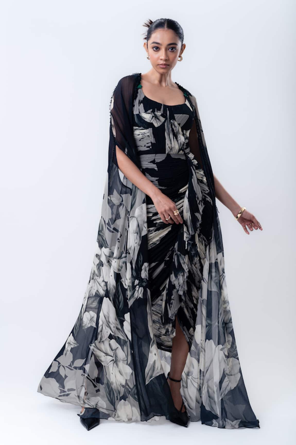 Nupur Kanoi Printed Slit Cape With Gathered Dress