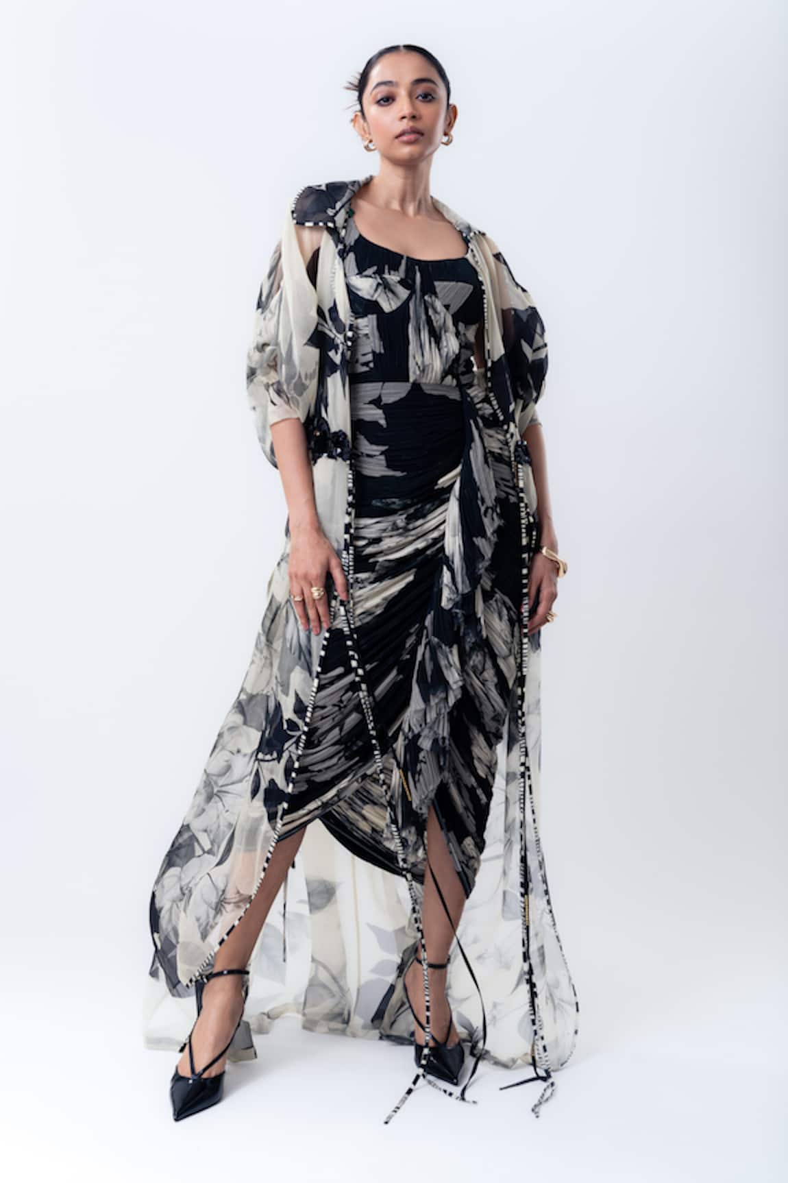 Nupur Kanoi Printed Organza Cape With Gathered Dress