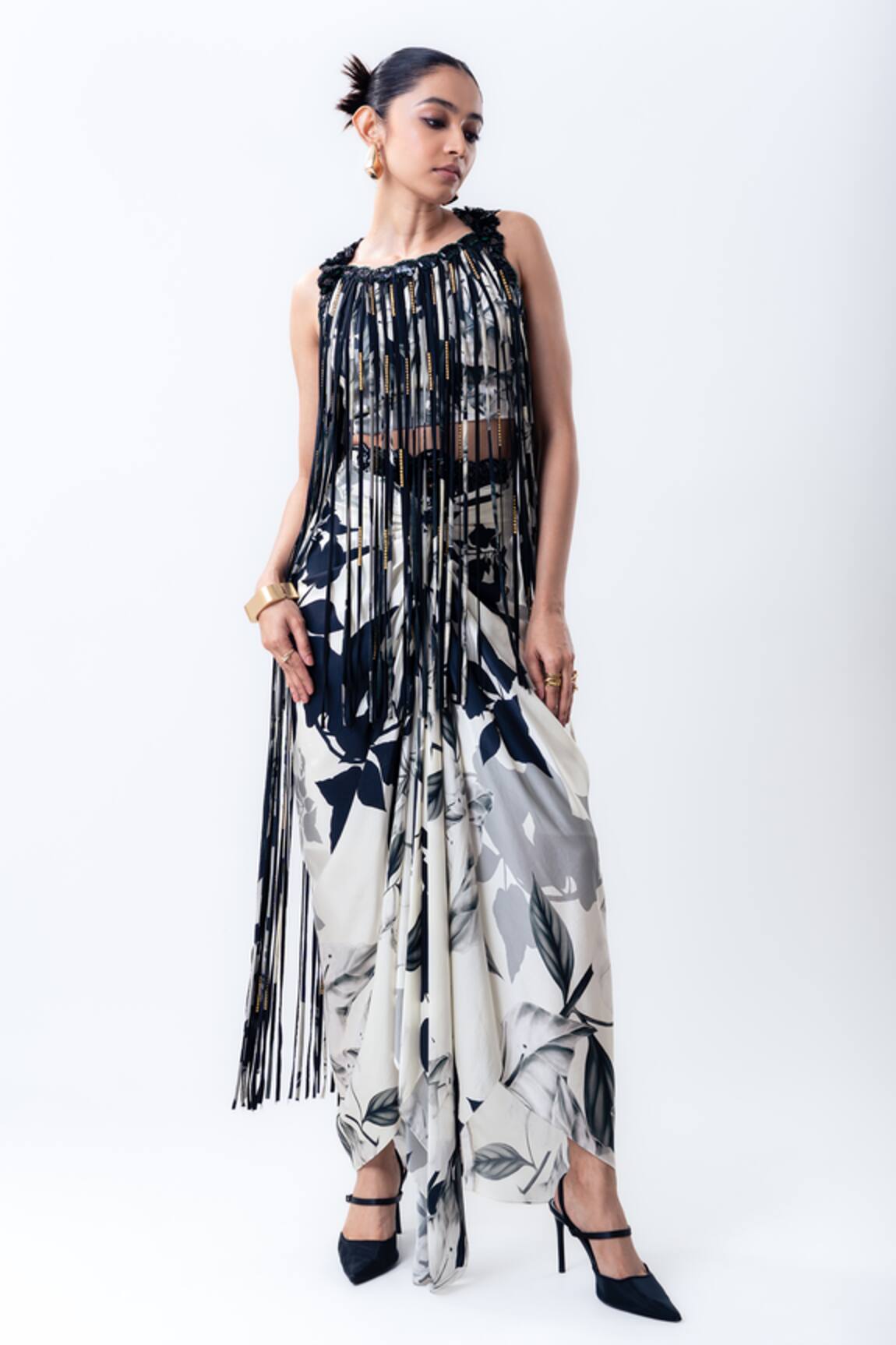 Nupur Kanoi Printed Fringed Top With Front Knot Skirt
