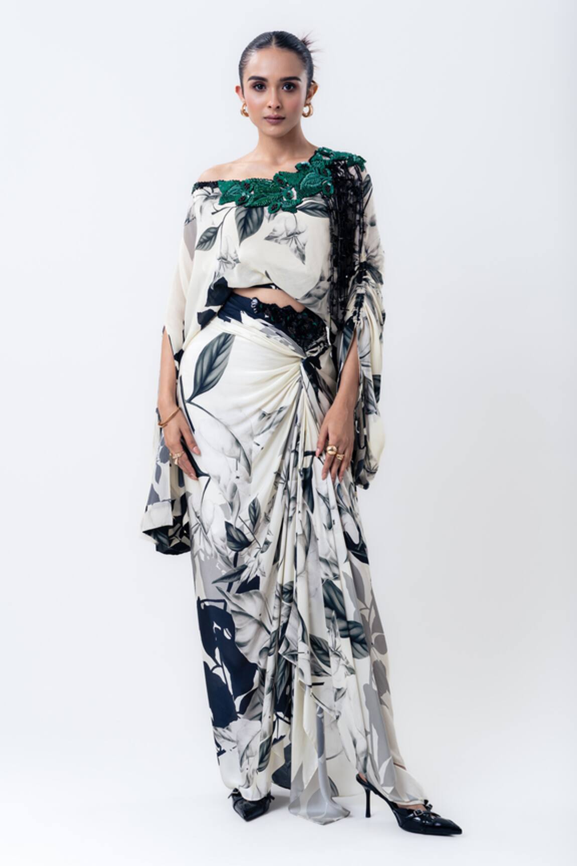 Nupur Kanoi Printed Off Shoulder Top With Side Knotted Skirt