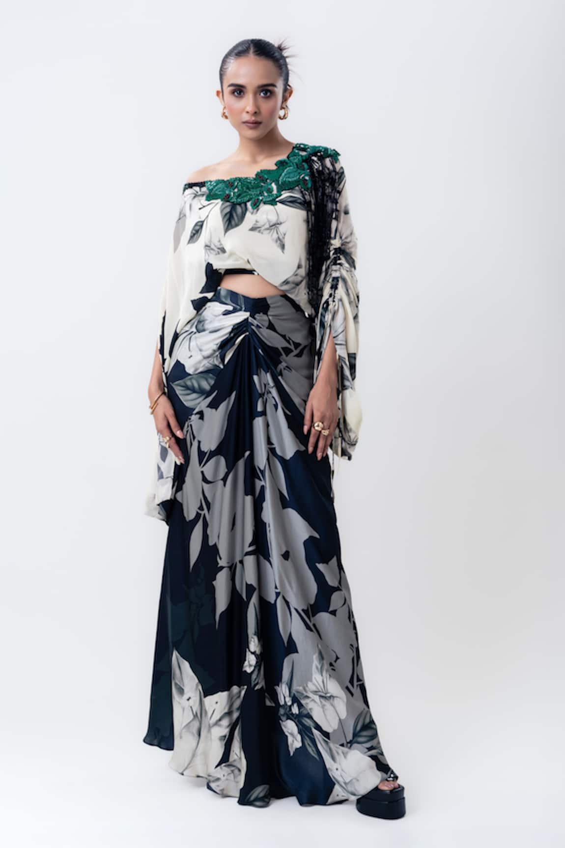 Nupur Kanoi Printed Off Shoulder Top With Draped Skirt