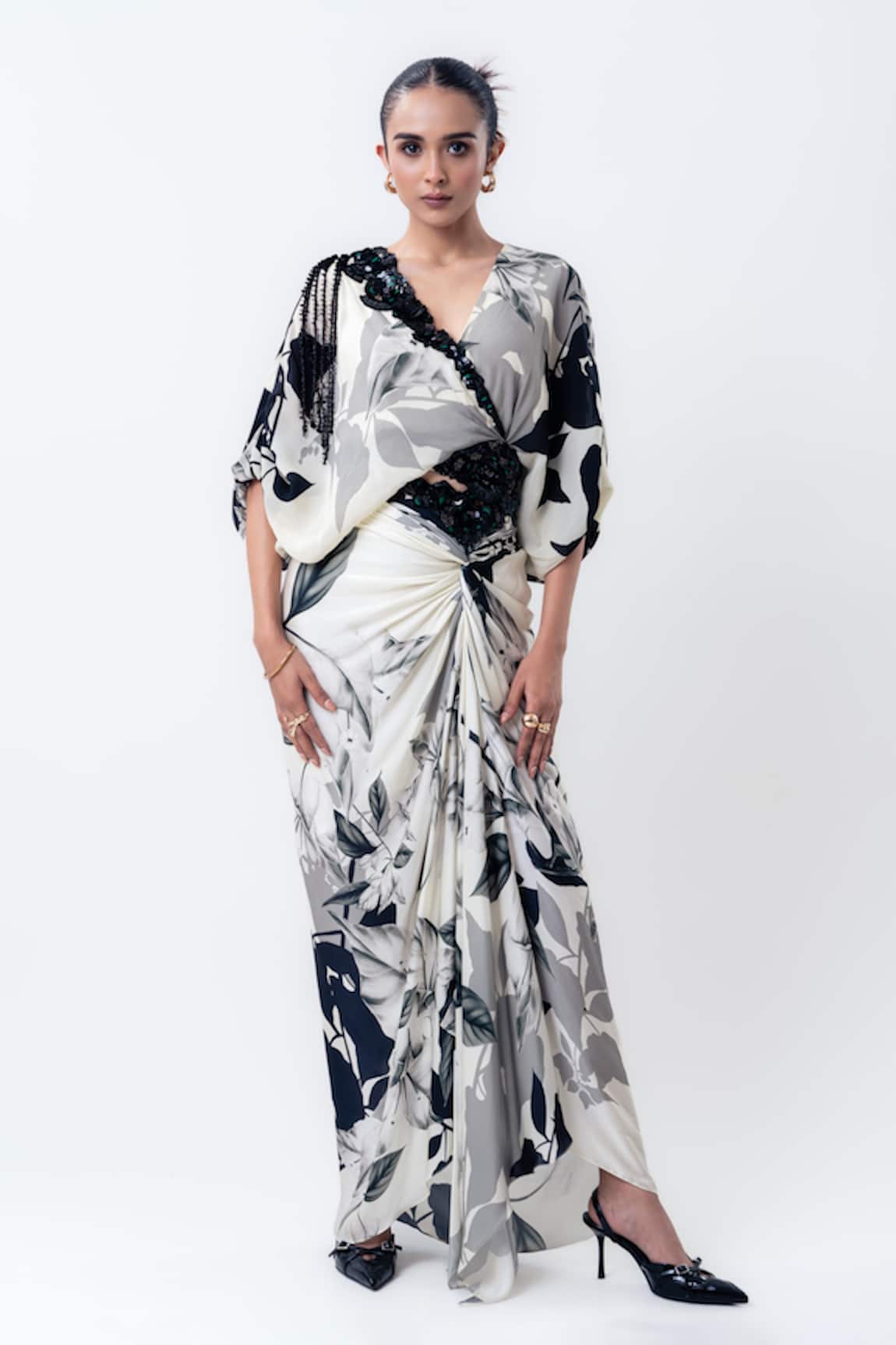 Nupur Kanoi Printed Kimono Wrap Top With Side Knot Skirt
