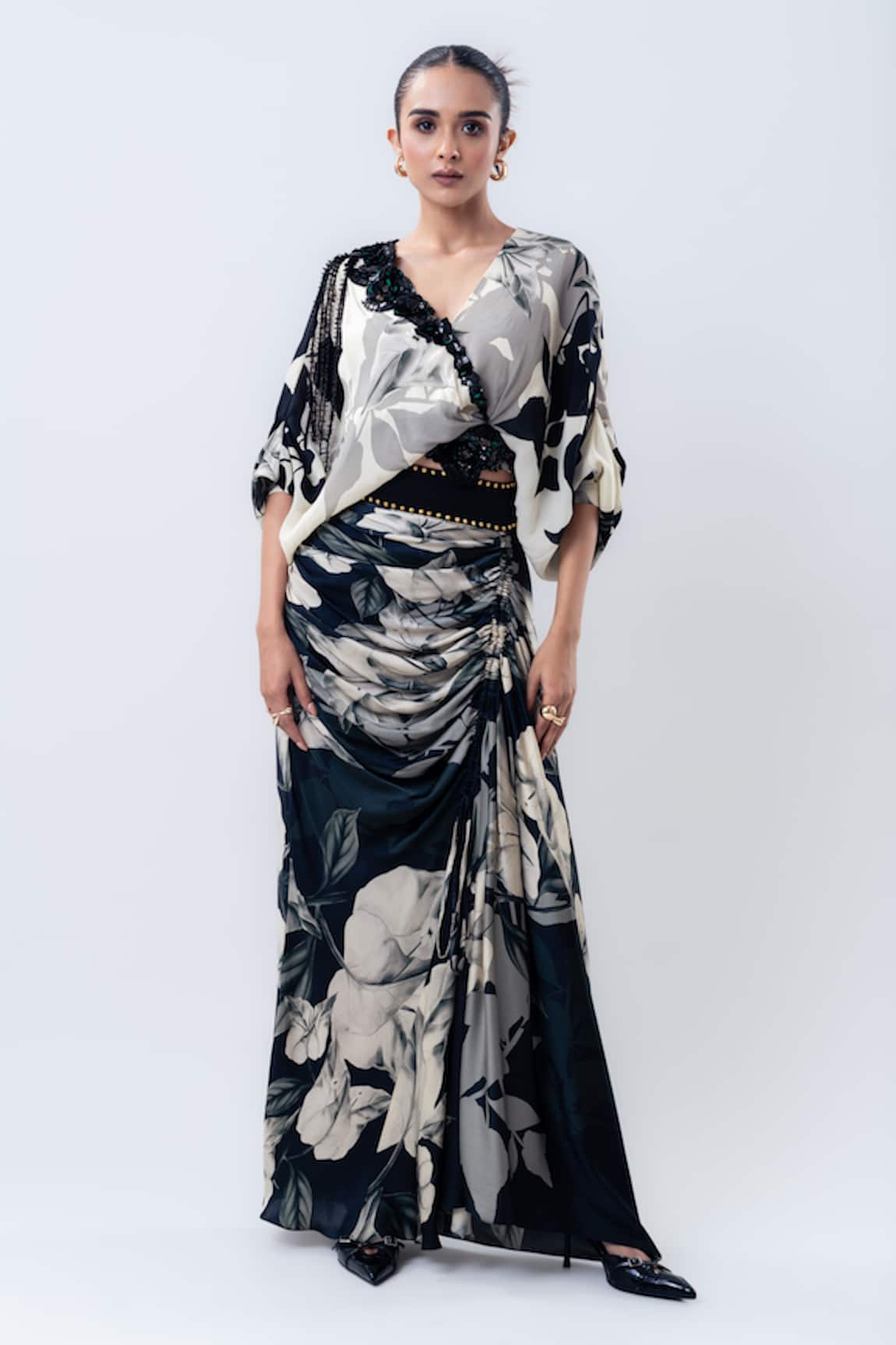 Nupur Kanoi Printed Kimono Wrap Top With Drawstring Skirt