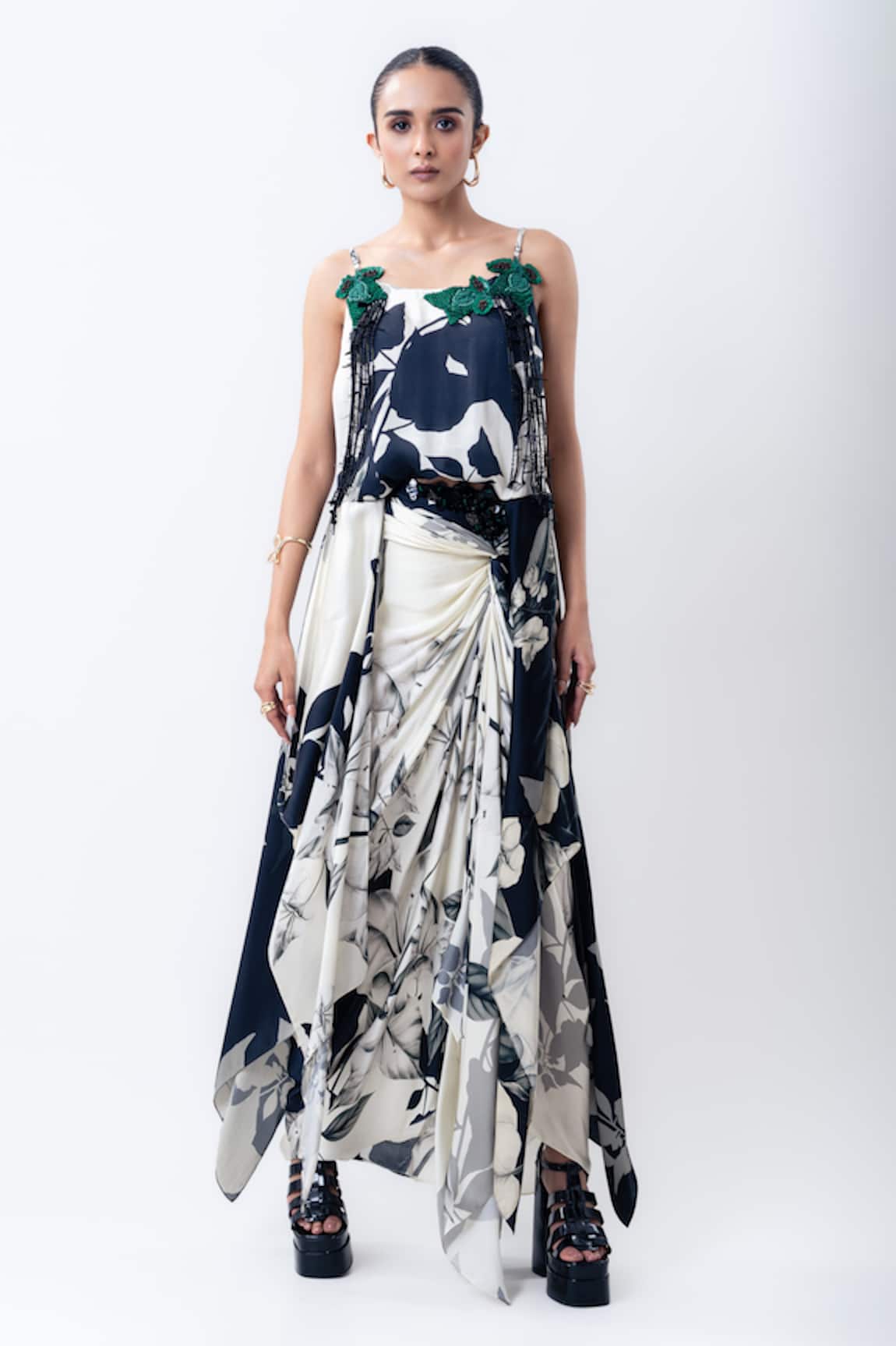 Nupur Kanoi Printed Drawstring Singlet Top With Side Knot Skirt