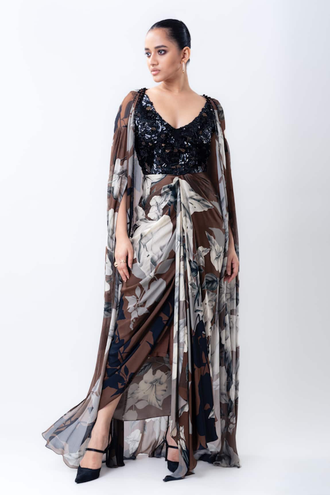 Nupur Kanoi Printed Slit Cape With Draped Dress