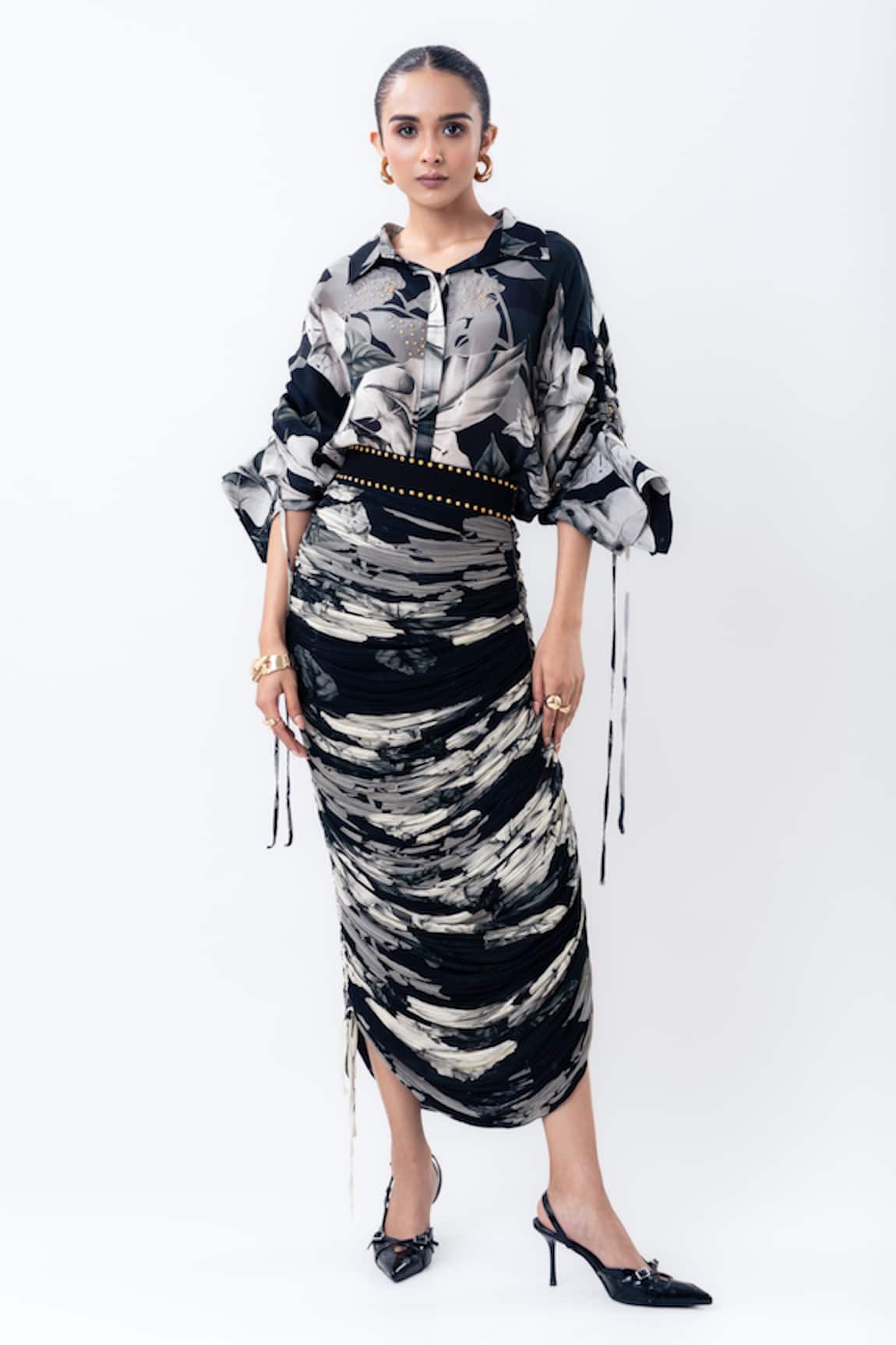 Nupur Kanoi Printed Studded Shirt With Gathered Skirt