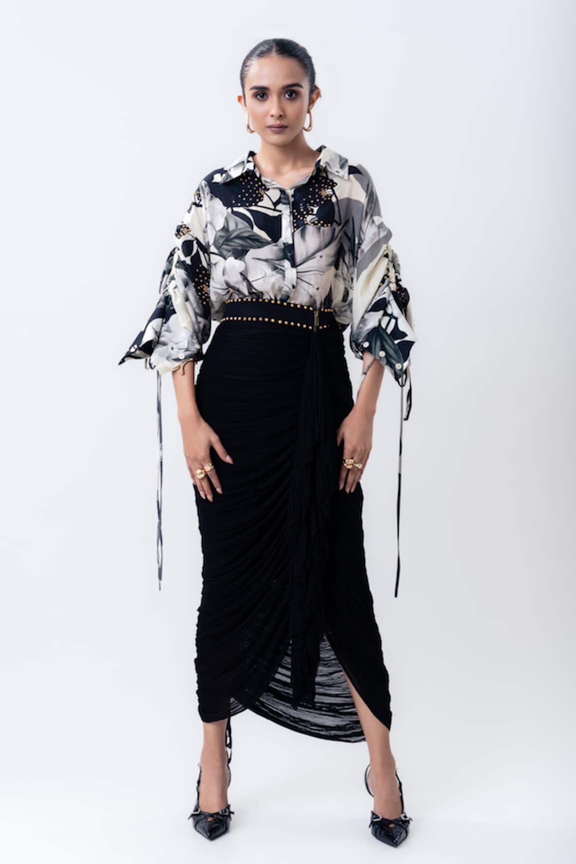 Nupur Kanoi Printed Studded Shirt With Gathered Skirt