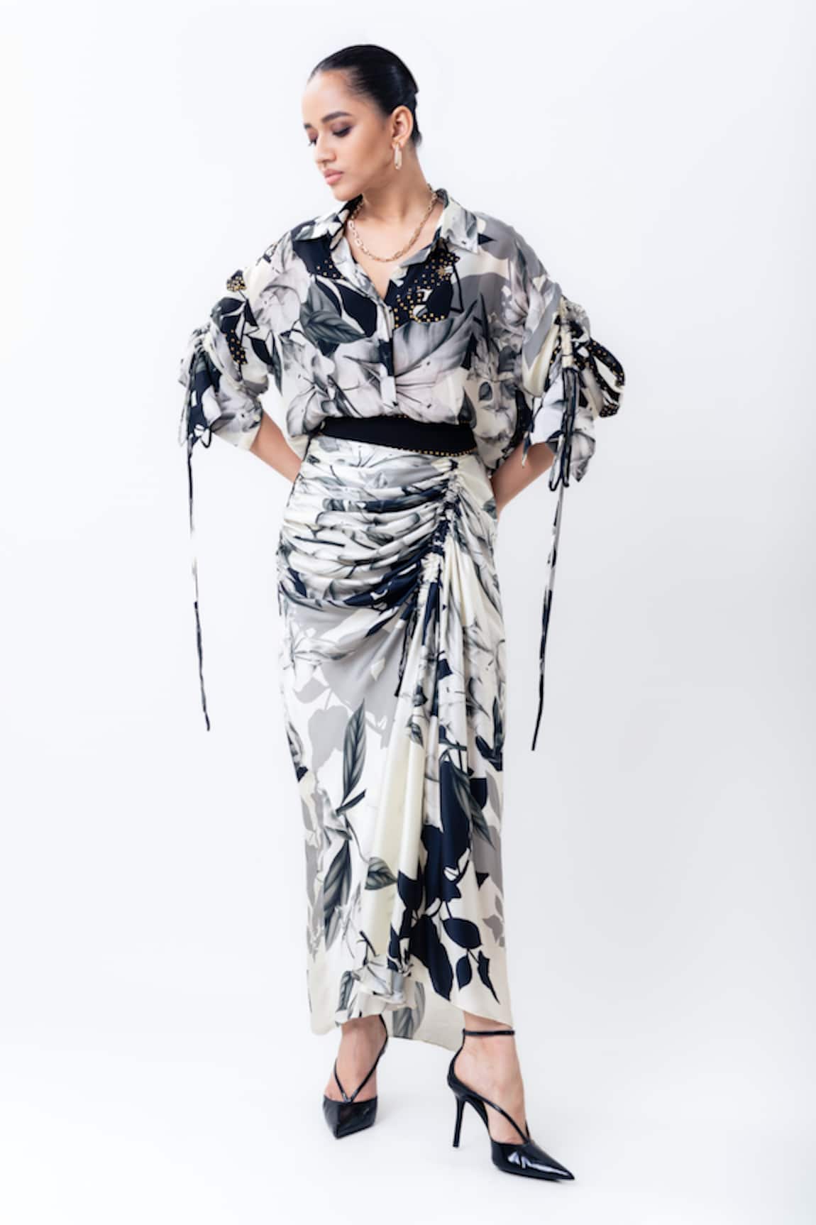 Nupur Kanoi Printed Studded Shirt With Drawstring Skirt