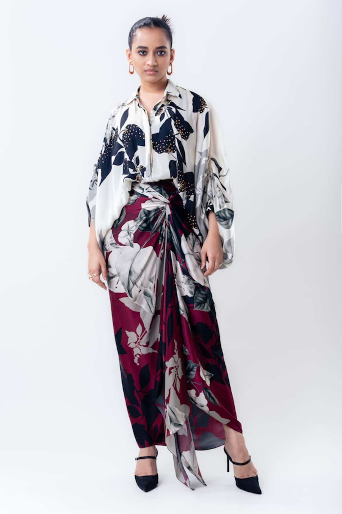 Nupur Kanoi Printed Studded Balloon Top With Side Knot Skirt