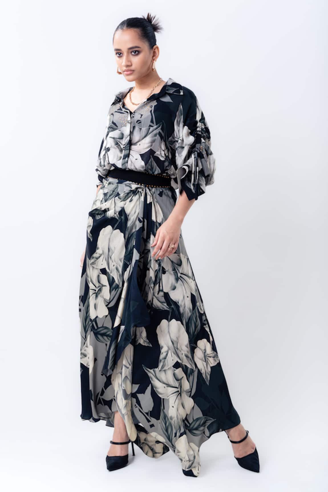 Nupur Kanoi Printed Studded Shirt With Pick Up Skirt