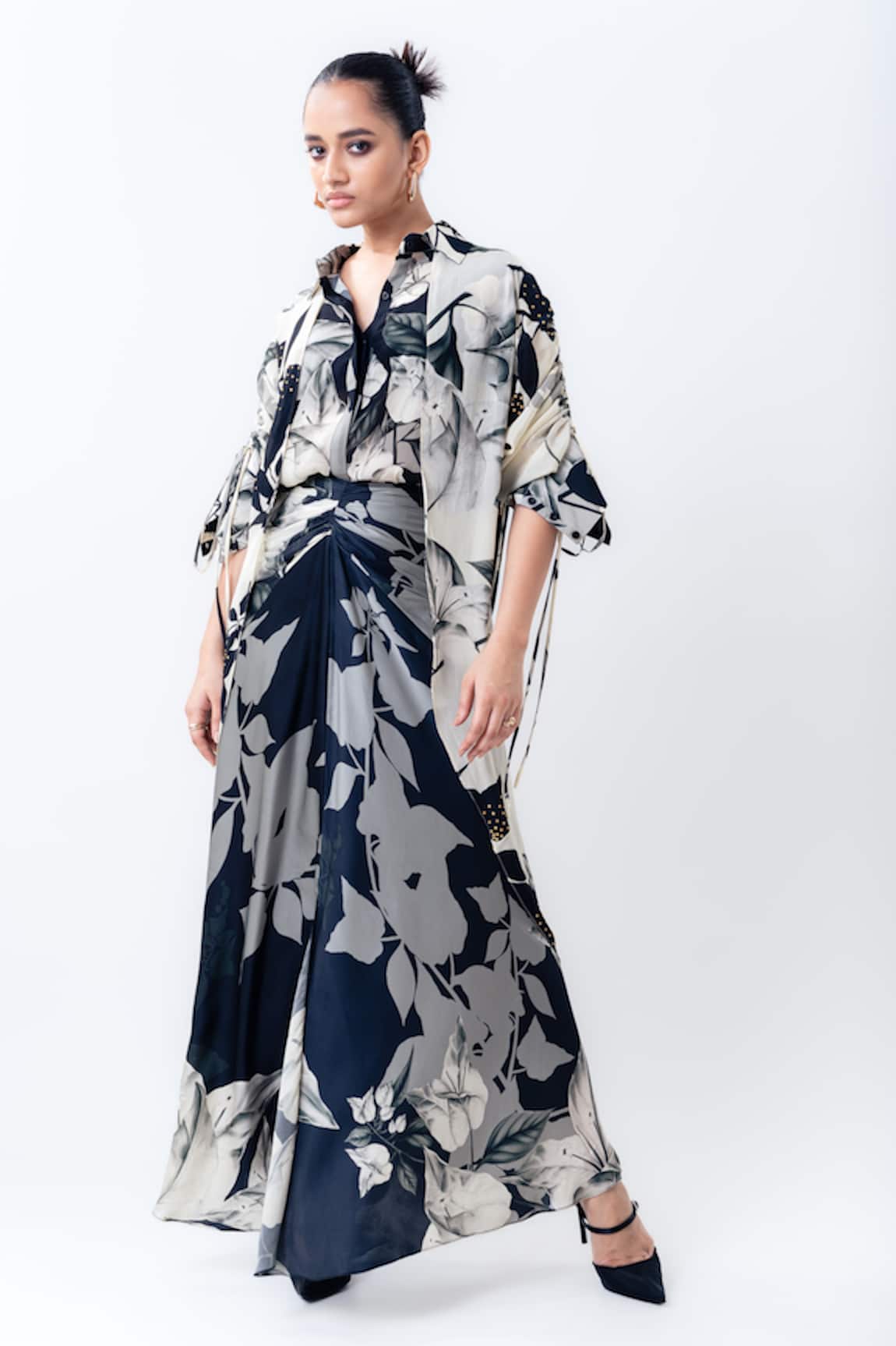 Nupur Kanoi Printed Studded Double Layer Shirt With Skirt