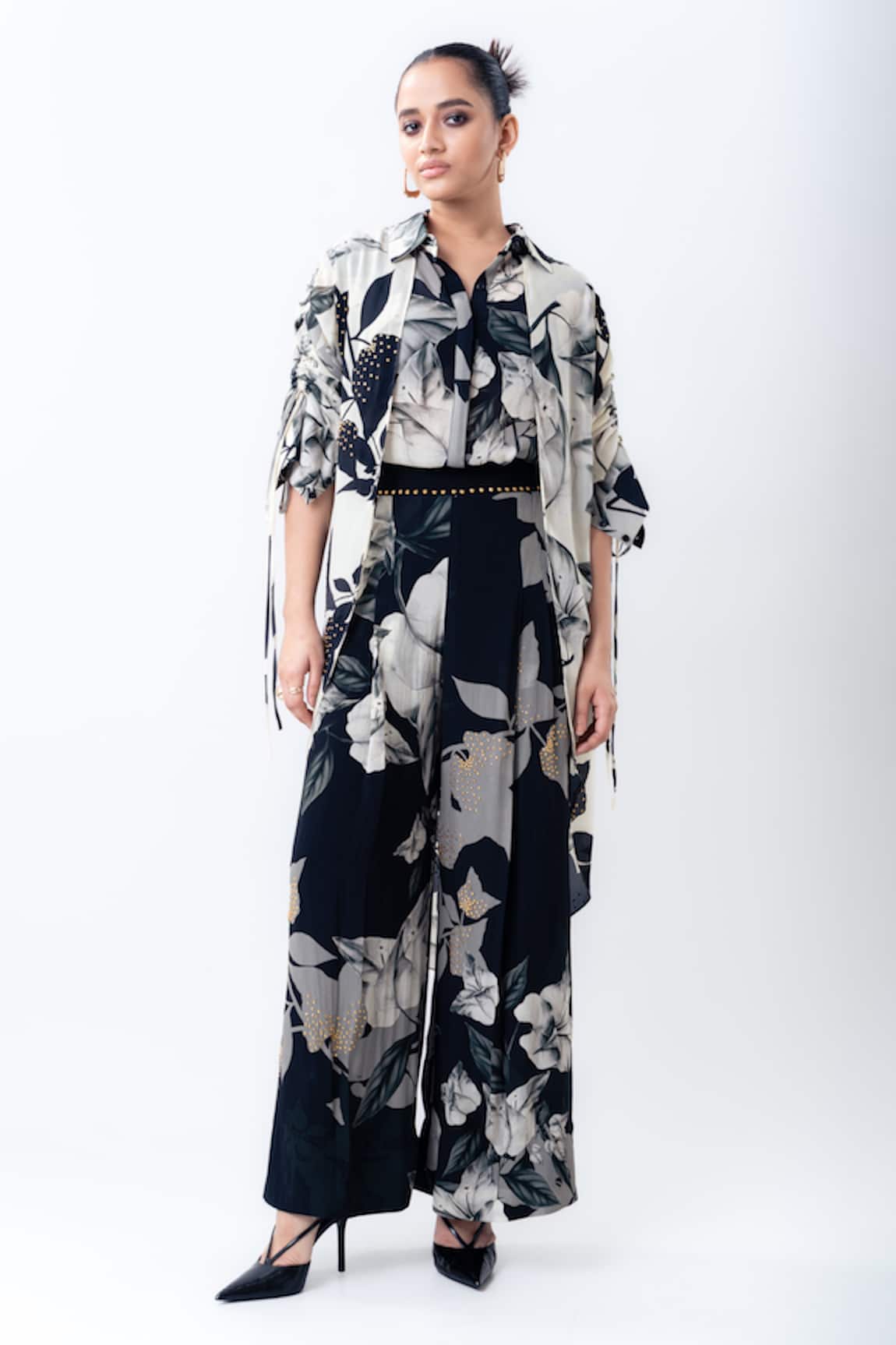 Nupur Kanoi Printed Studded Double Layer Shirt With Skirt