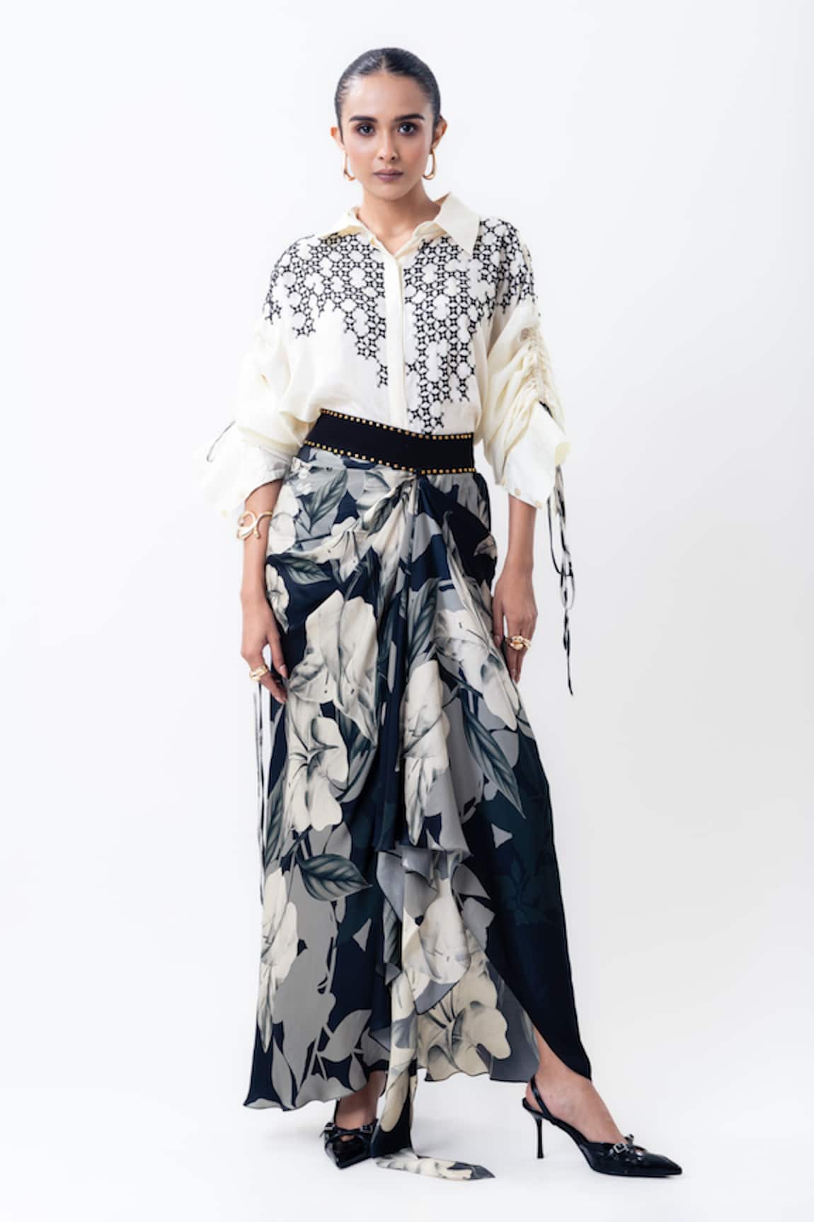 Nupur Kanoi Beaded Shirt With Printed A-line Pick Up Skirt