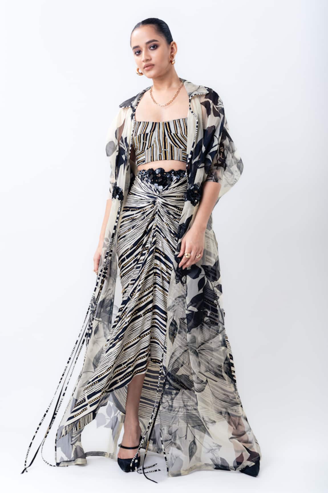 Nupur Kanoi Printed Organza Jacket With Knotted Skirt Set