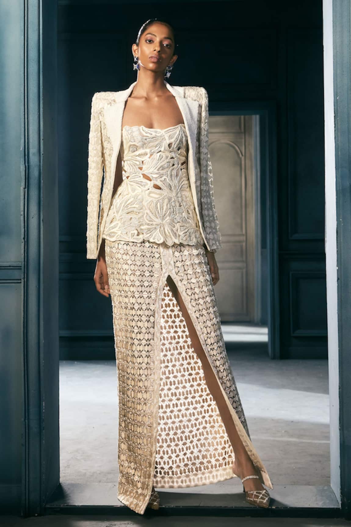 Ritika Mirchandani Lumet Floral Tube Top & Hexagon Blazer With Skirt