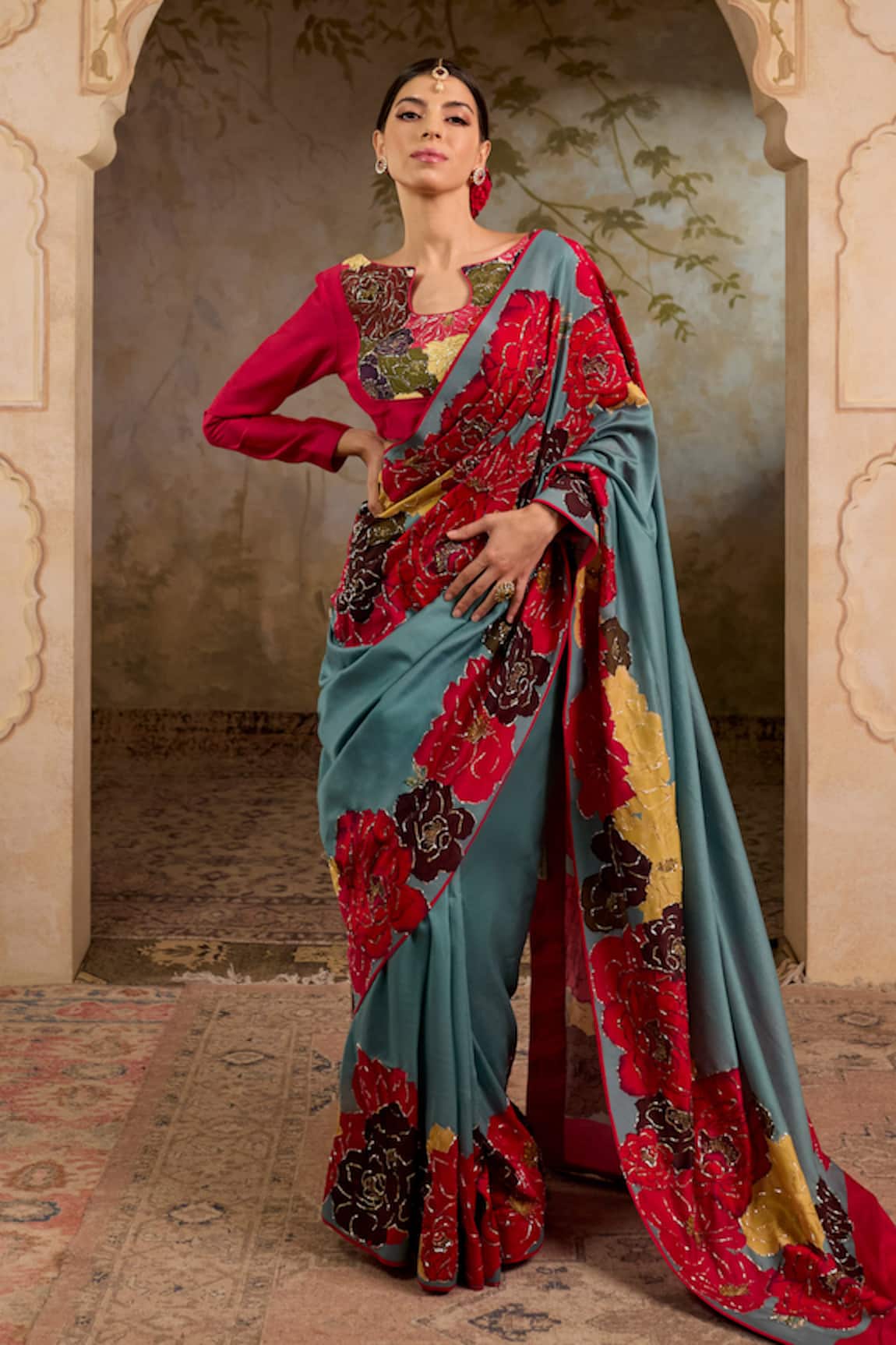 RICHA AHLUWALIA Floral Motif Saree With Zardozi & Sequin Embroidery