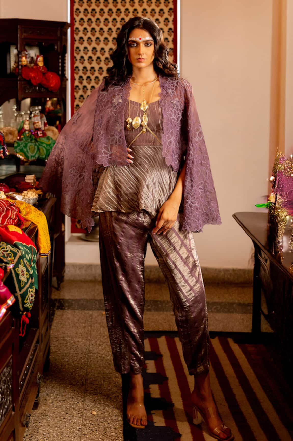 Chambray & CO. Aarvi Floral Embroidered Overlay Top & Pant Set